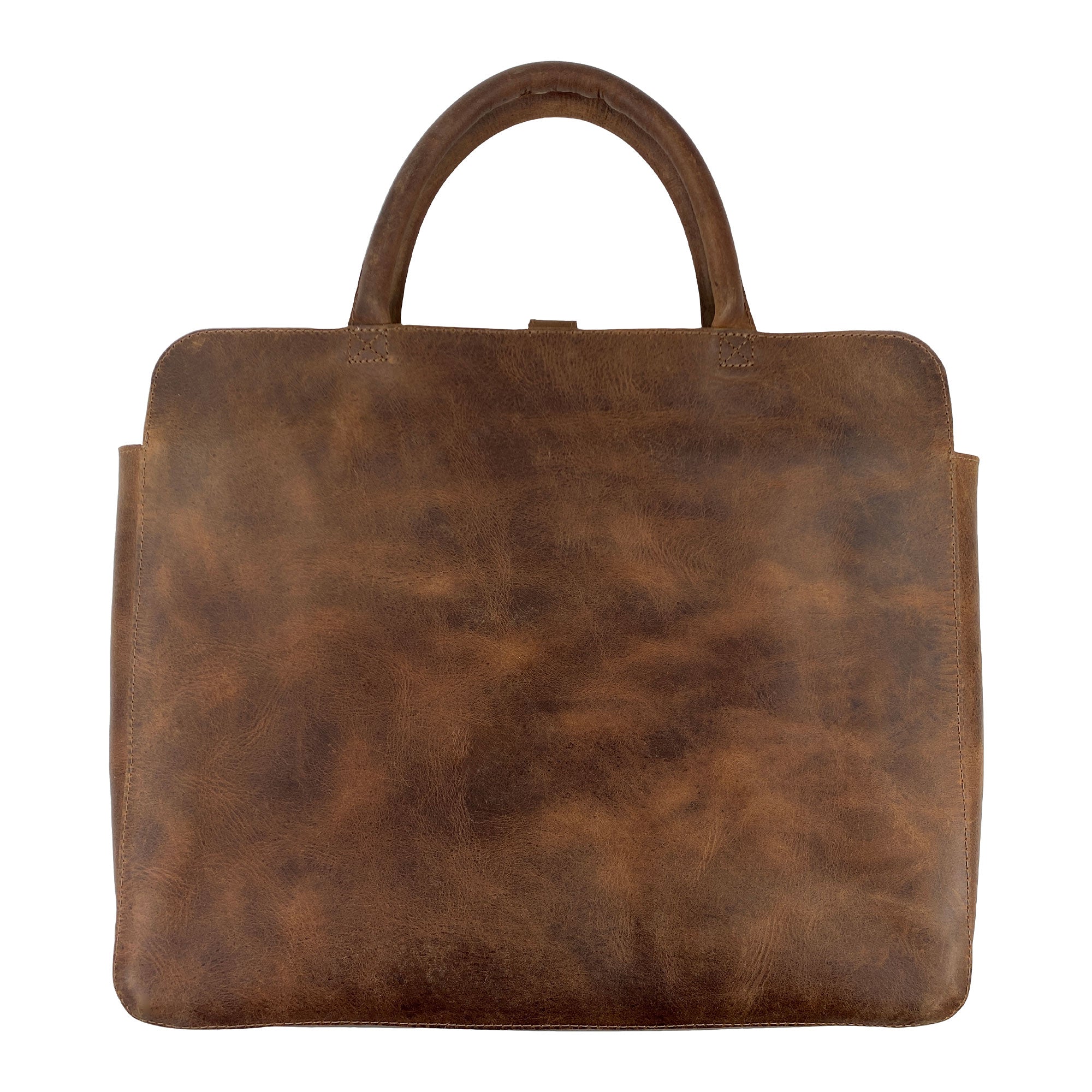Back view of the Vintage Portfolio with Snap for 13" MacBook Air by Hide & Drink, highlighting the durable Full Grain Leather craftsmanship. Part of a Small Batch Production process, this Artisan piece is handmade in La Antigua Guatemala & Oaxaca Mexico, featuring hand-cut and hand-sewn details.