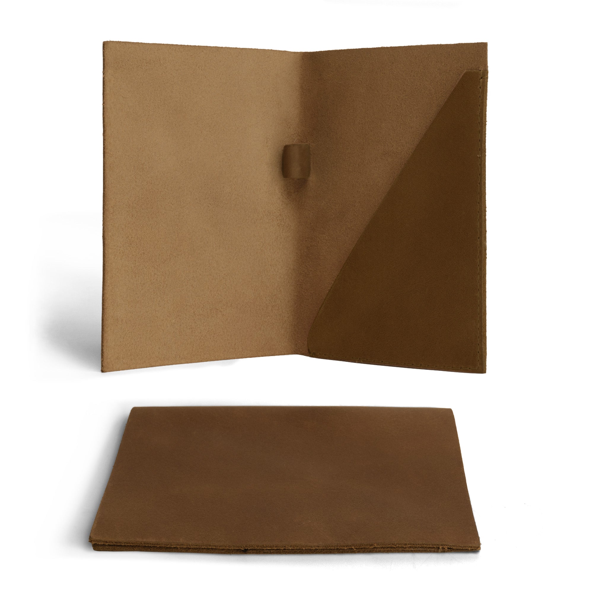 Open Bifold Check Presenter With Pen Slot by Hide & Drink, revealing the elegant leather interior, a perfect addition to any restaurant or cafe environment. Emphasizing handmade quality. Bifold Check Presenter with Pen Slot for Restaurant & Cafe Accessories, Western Bill Holder, Full Grain Leather, Handmade Waiter and Waitress Accessory, Small Batch Production, Hand Cut, Hand Sewn, Fire Branded, Artisan, Handmade in La Antigua Guatemala & Oaxaca Mexico.
