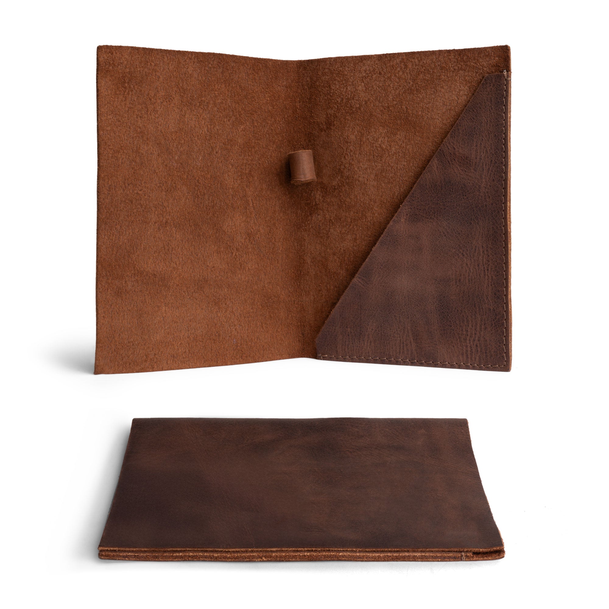 Open view of the Bifold Check Presenter With Pen Slot by Hide & Drink, highlighting the soft interior and full grain leather construction. This elegant and practical accessory is great for restaurant use. Bifold Check Presenter with Pen Slot for Restaurant & Cafe Accessories, Western Bill Holder, Full Grain Leather, Handmade Waiter and Waitress Accessory, Small Batch Production, Hand Cut, Hand Sewn, Fire Branded, Artisan, Handmade in La Antigua Guatemala & Oaxaca Mexico.