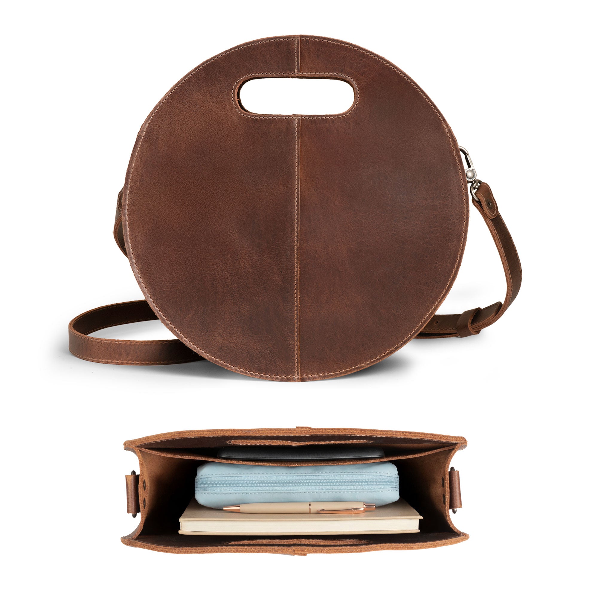 The Pecan Shoulder Bag by Austin Genuine displayed from the back, featuring a spacious interior suitable for daily essentials, made from full grain leather, emphasizing small batch production with hand cut and hand sewn details, fire branded, artisan-made in La Antigua Guatemala & Oaxaca Mexico.