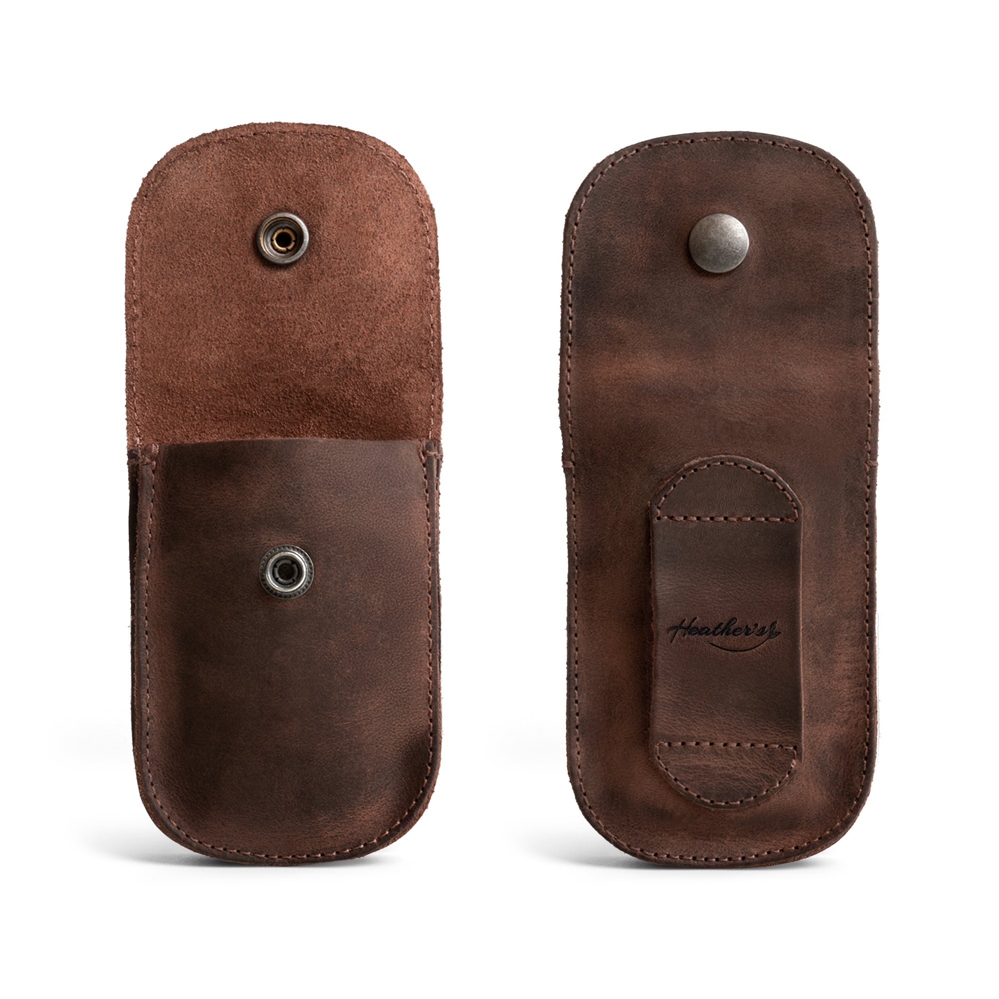 Back view of the Curvy Waist Bag by Heather's, displaying its neat closure and handcrafted quality. This holster pouch is a durable waist bag ideal for coins, change, headphones, and personal items. It attaches conveniently to a belt and is crafted from luxurious full grain leather, underscoring the small batch production and artisan technique. Handmade in La Antigua Guatemala & Oaxaca Mexico, fire branded with care.