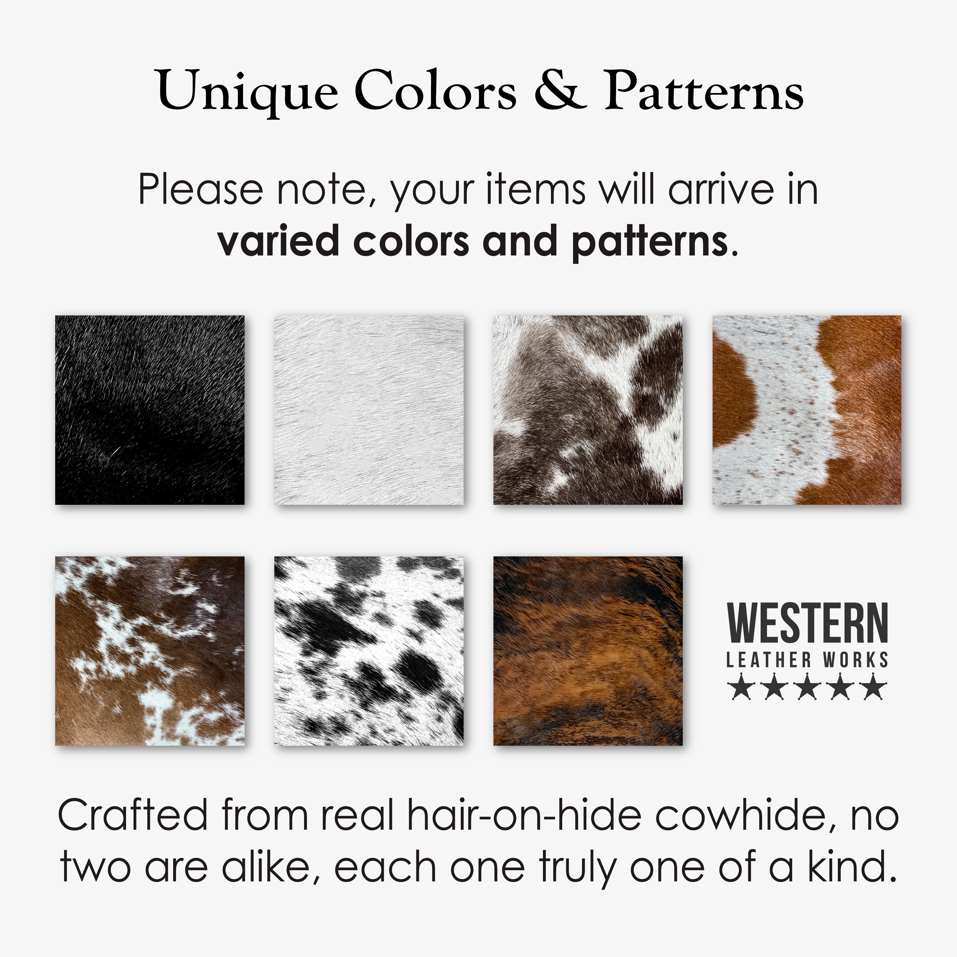 Display showing different patterns of the hair-on-hide used in the Classic Cowboy Wallet by Western Leather Works, emphasizing its unique craftsmanship. Classic Wallet, Business Card & Money Holder, Compact Pocket Organizer, Cowboy Style, Full Grain Leather, StockyardX, Hand Cut, Hand Sewn, Fire Branded, Artisan, Handmade in La Antigua Guatemala & Oaxaca Mexico.