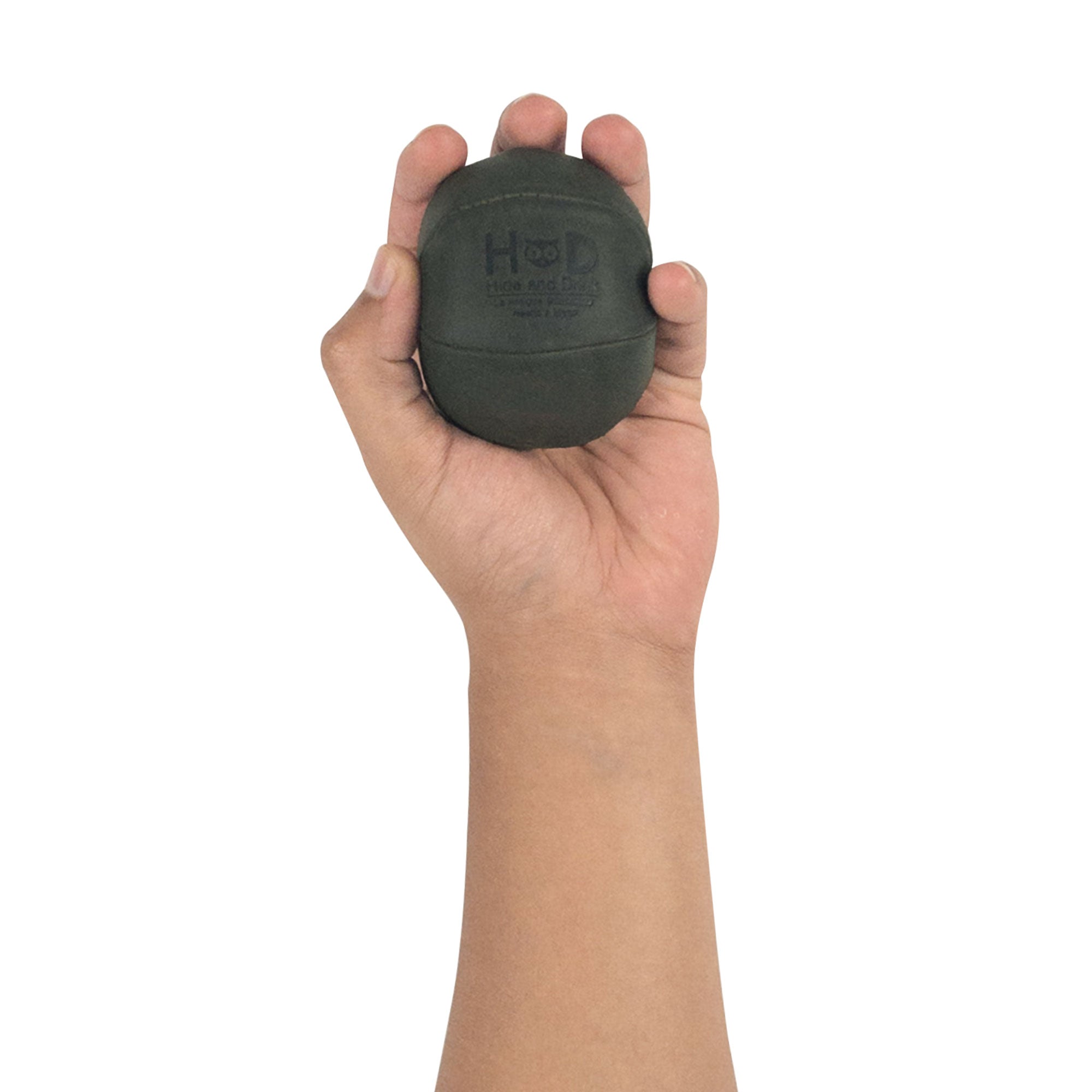 Hide & Drink green Stress Ball held firmly, perfect for relieving fidgeting and anxiety. This squishy tension accessory features classic design and is artisan crafted from full grain leather in La Antigua Guatemala.
