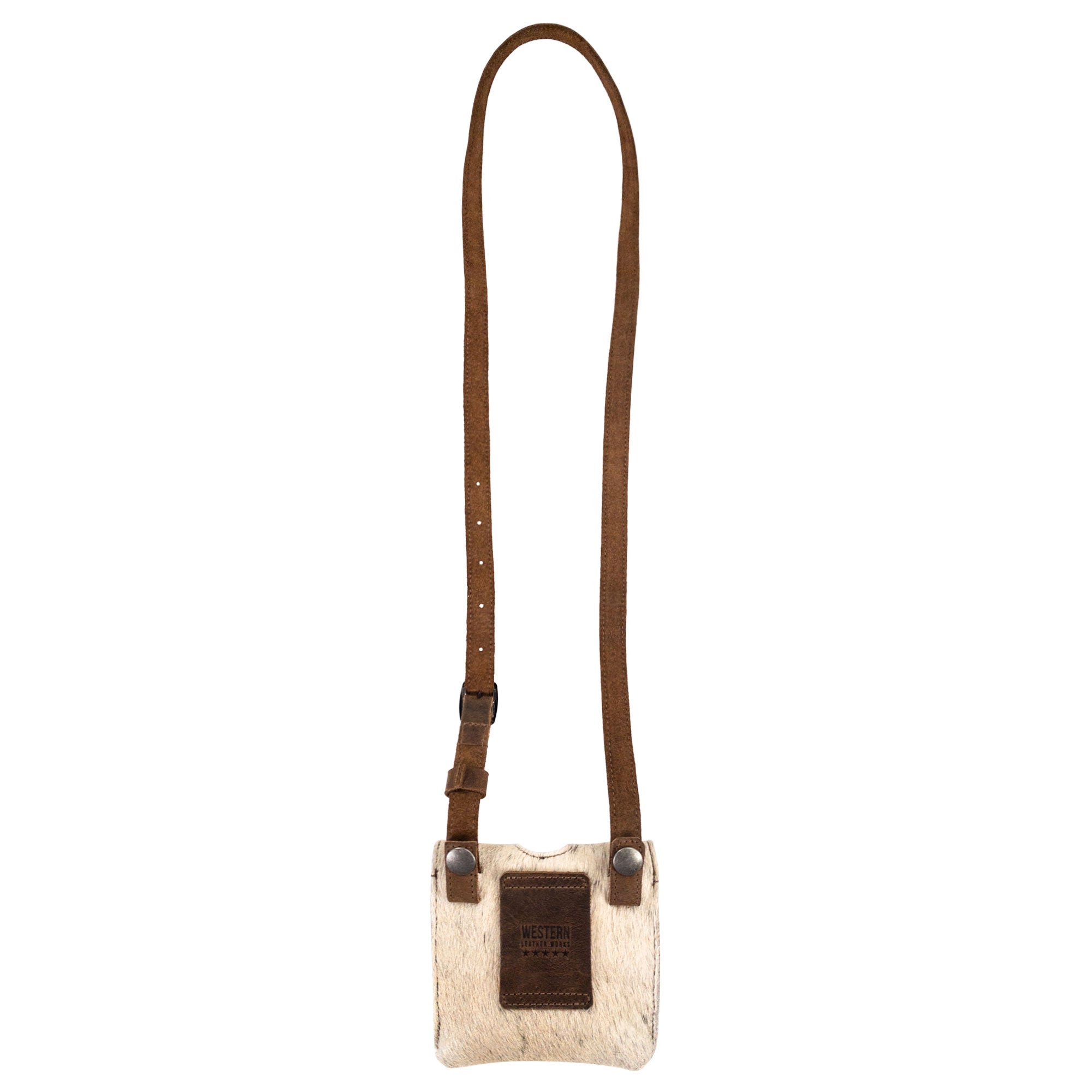 The Western Leather Works Liquor Flask Holder showcases a unique Hair On Hide Full Grain Leather design. This small batch artisan piece offers a perfect fit for any adventure, with the bottle not included. Experience the quality of hand cut, hand sewn craftsmanship, complete with fire branding, reflecting the art of handmade production in La Antigua Guatemala & Oaxaca Mexico.
