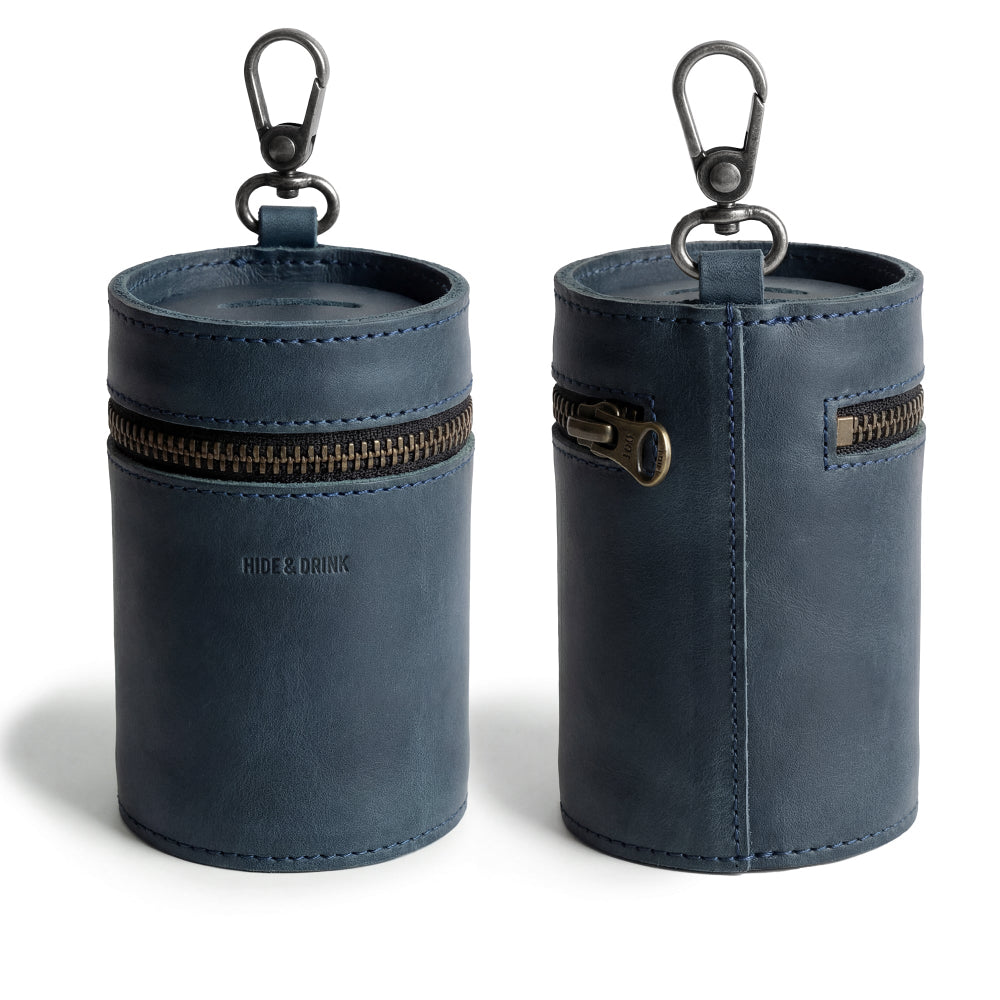 Hide & Drink Bucket Coin Release displayed from different angles. This functional money box works as a piggy bank bucket and zippered pouch. Hand cut and hand sewn from premium full grain leather, it serves as a cash organizer ideal for everyday use.