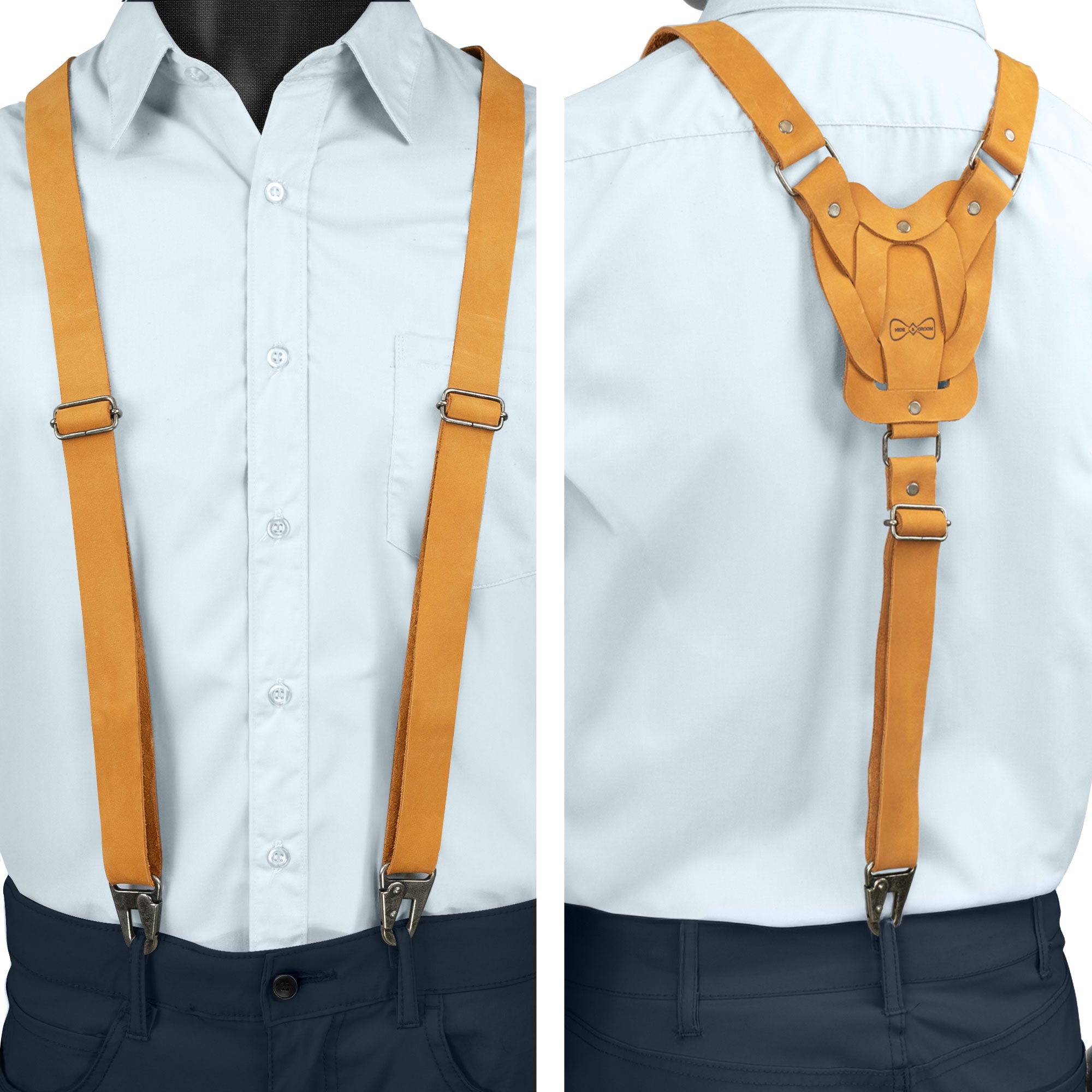 Front and back view of yellow Rustic Suspenders with Adjustable Size Straps for Men by Hide & Groom, made from durable Full Grain Leather. Perfect for weddings and steampunk attire, showcasing artisan craftsmanship and attention to detail.