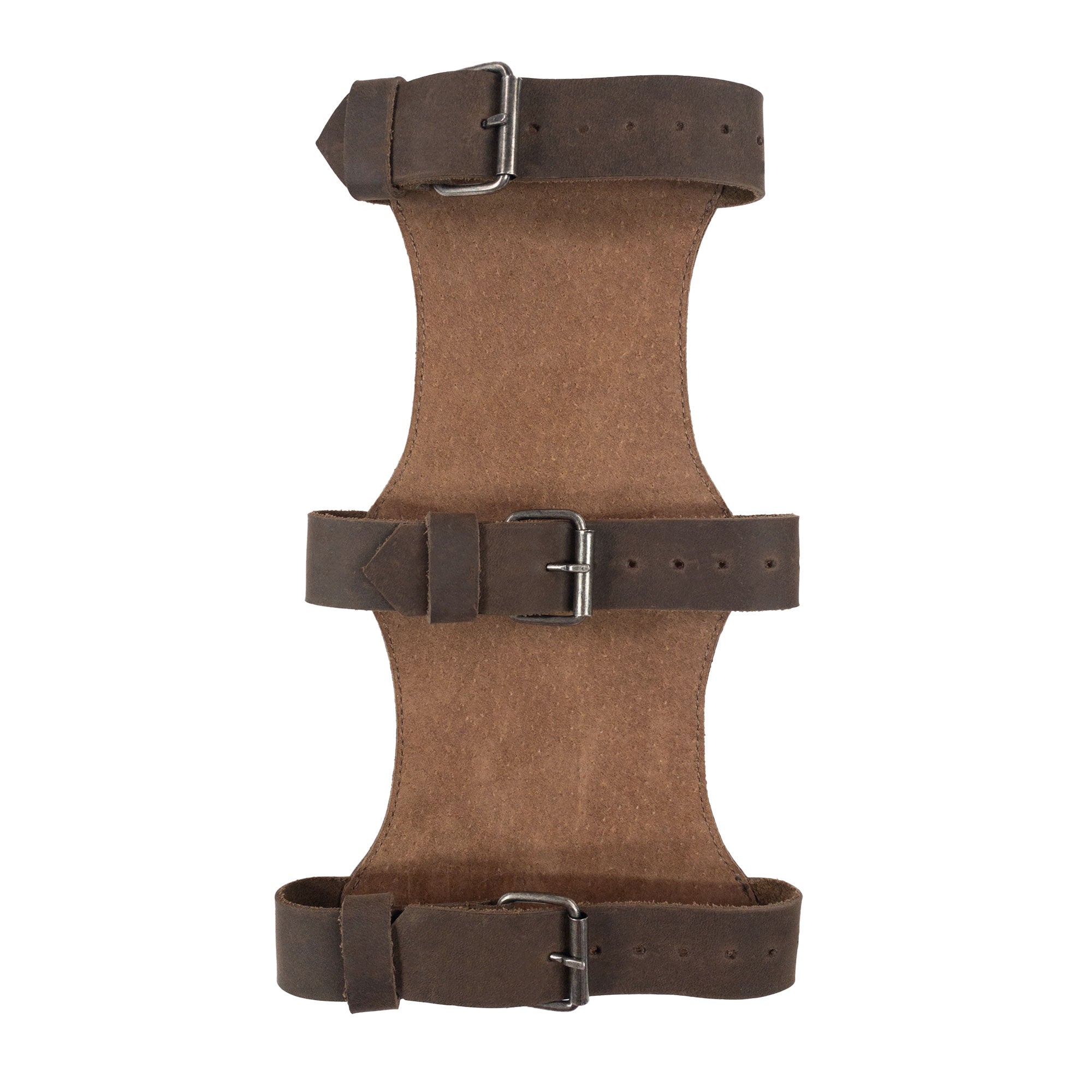 The inner view of the 3-Buckle Archery Bracer by Valhalla Gear, featuring three adjustable buckle straps for a comfortable fit. This wrist guard is made from premium full grain leather, designed for archery practice with artisan craftsmanship from La Antigua Guatemala.