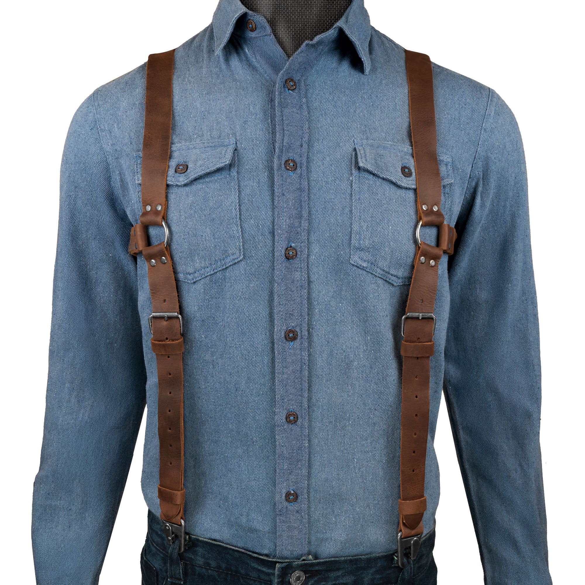 Model wearing Renaissance Suspenders by Hide & Drink, highlighting their elegant design suitable for best men. These suspenders feature a back support harness for men and are made from durable, fine quality full grain leather.