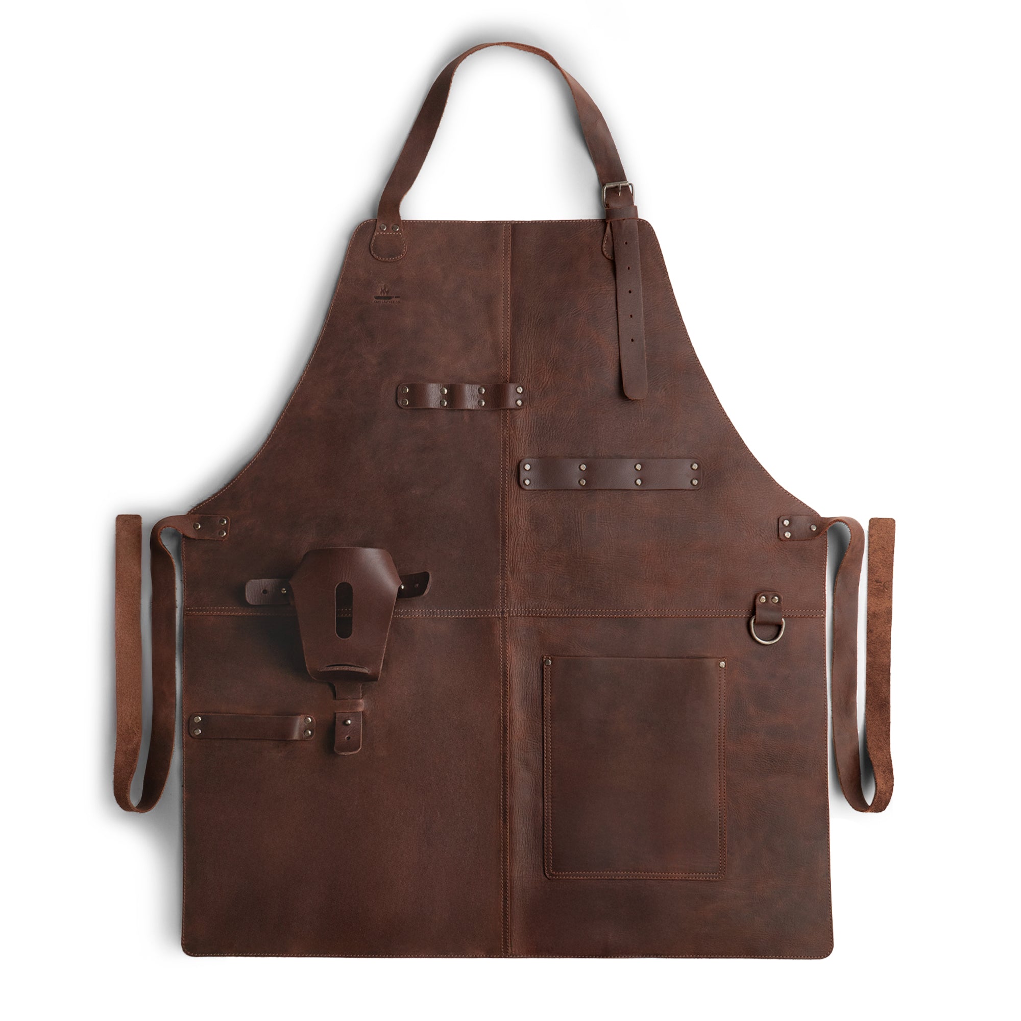 Cast Leather Co. BBQ Apron highlighting a rustic chef style with adjustable neck strap. Ideal for any cooking enthusiast, crafted from full grain leather, this apron is a testament to artisan, handmade quality from La Antigua Guatemala & Oaxaca Mexico.