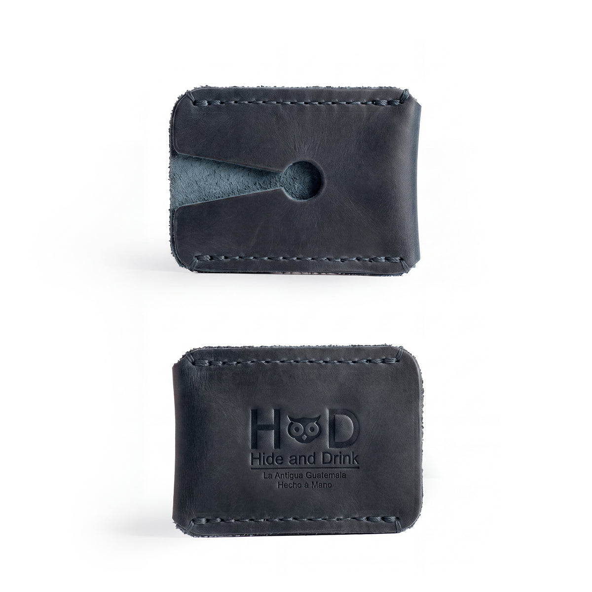 Top view of a Razor Head Cover by Hide & Drink crafted from full grain leather, designed for double edge safety razors, featuring fine stitching and a hole for easy handling. This shaving travel cover is perfect for protecting your razor head while embodying small batch production and artisan craftsmanship from La Antigua Guatemala.