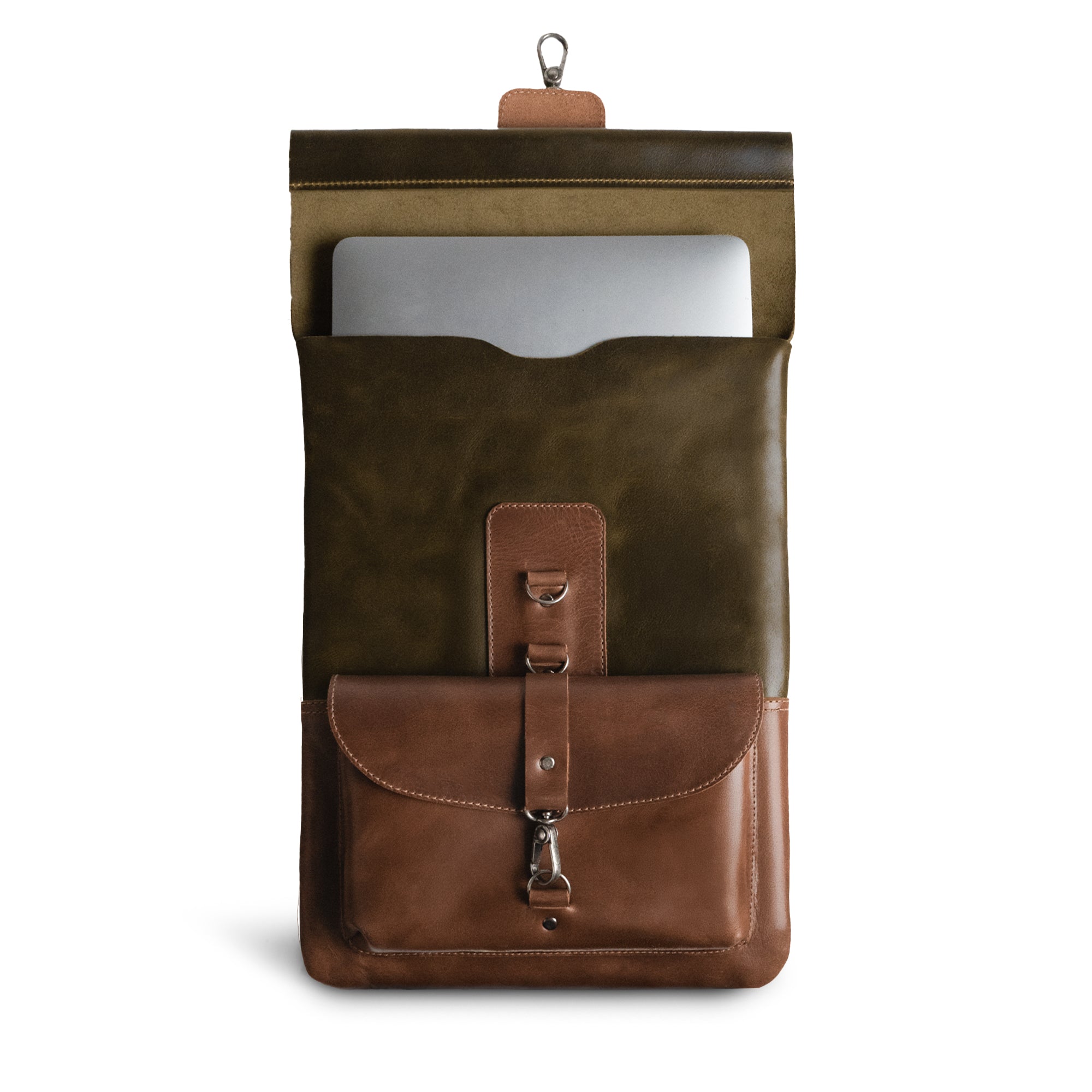Open view of the Adventurer Laptop Bag by Littlefield Chicago, highlighting its compartment for a laptop and space for accessories like chargers. This unique leather case is perfect for 13-inch devices. Leather Adventurer Laptop Case, Vintage Sleeve for 13-inch Laptops with Extra Bag for Charger and Cables, Rustic Cover, Travel Accessories, Full Grain Leather, Small Batch Production, Hand Cut, Hand Sewn, Artisan, Handmade in La Antigua Guatemala & Oaxaca Mexico.