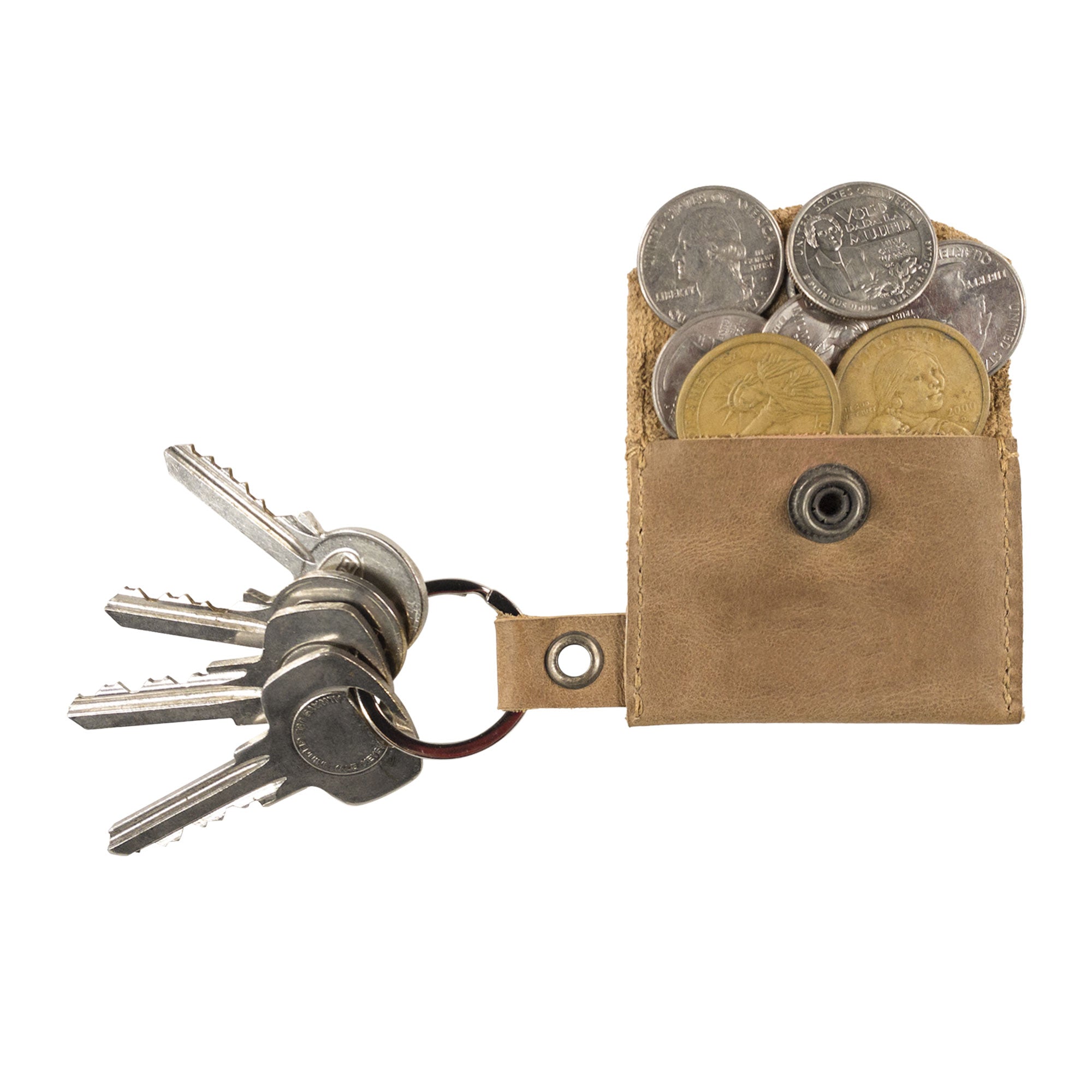 Depiction of the Tiny Coin Holder Keychain by Hide & Drink featuring its seamless storage for coins alongside keys. This Full Grain Leather accessory is a remarkable outcome of small batch production and artisan craftsmanship.