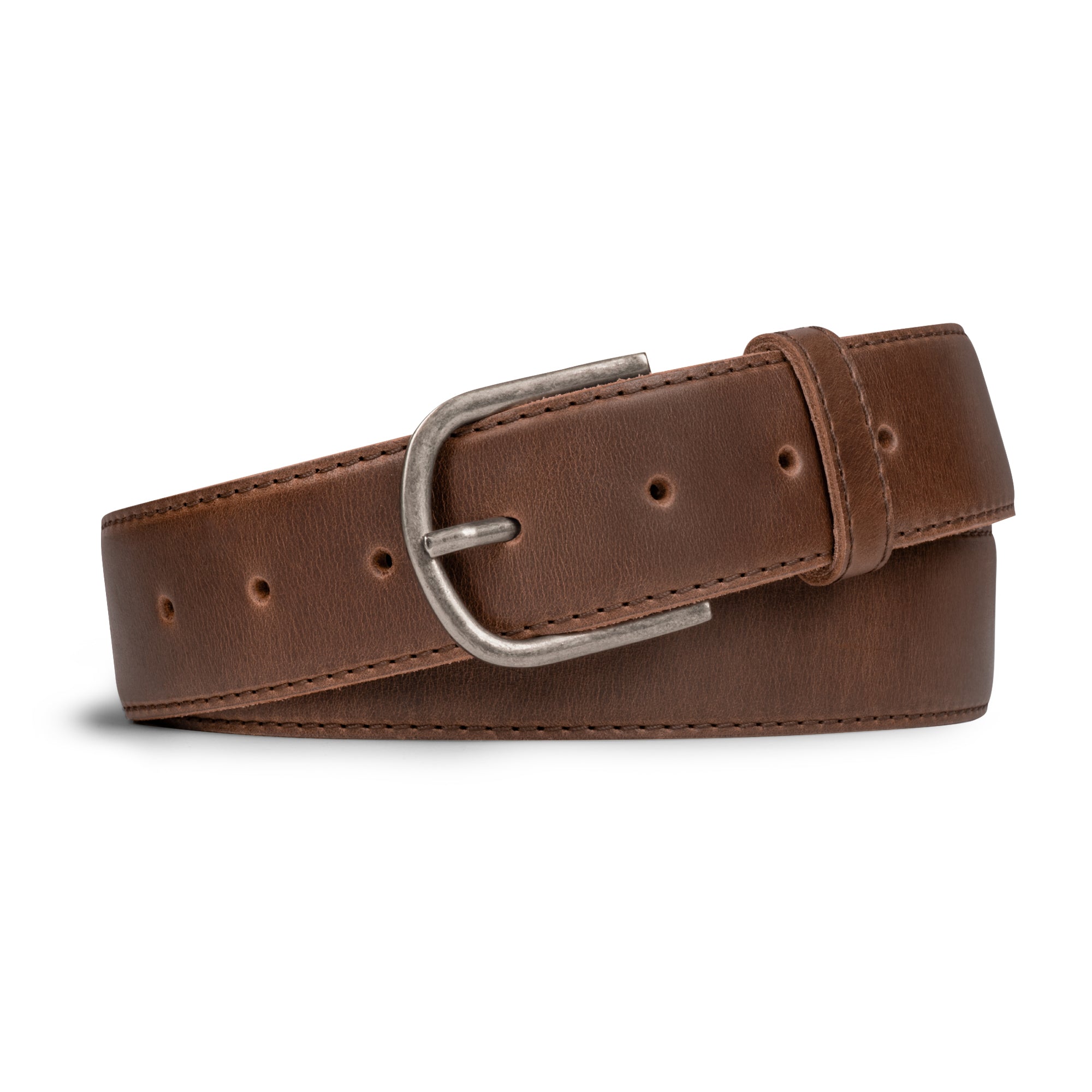 Classic Leather Belt with Glove Liner from La Leche displayed in a side view, emphasizing the full grain leather and adjustable buckle design. This handmade men's waist belt for jeans represents artisan quality from La Antigua Guatemala & Oaxaca Mexico, featuring hand cut, hand sewn, and fire branded elements in small batch production.