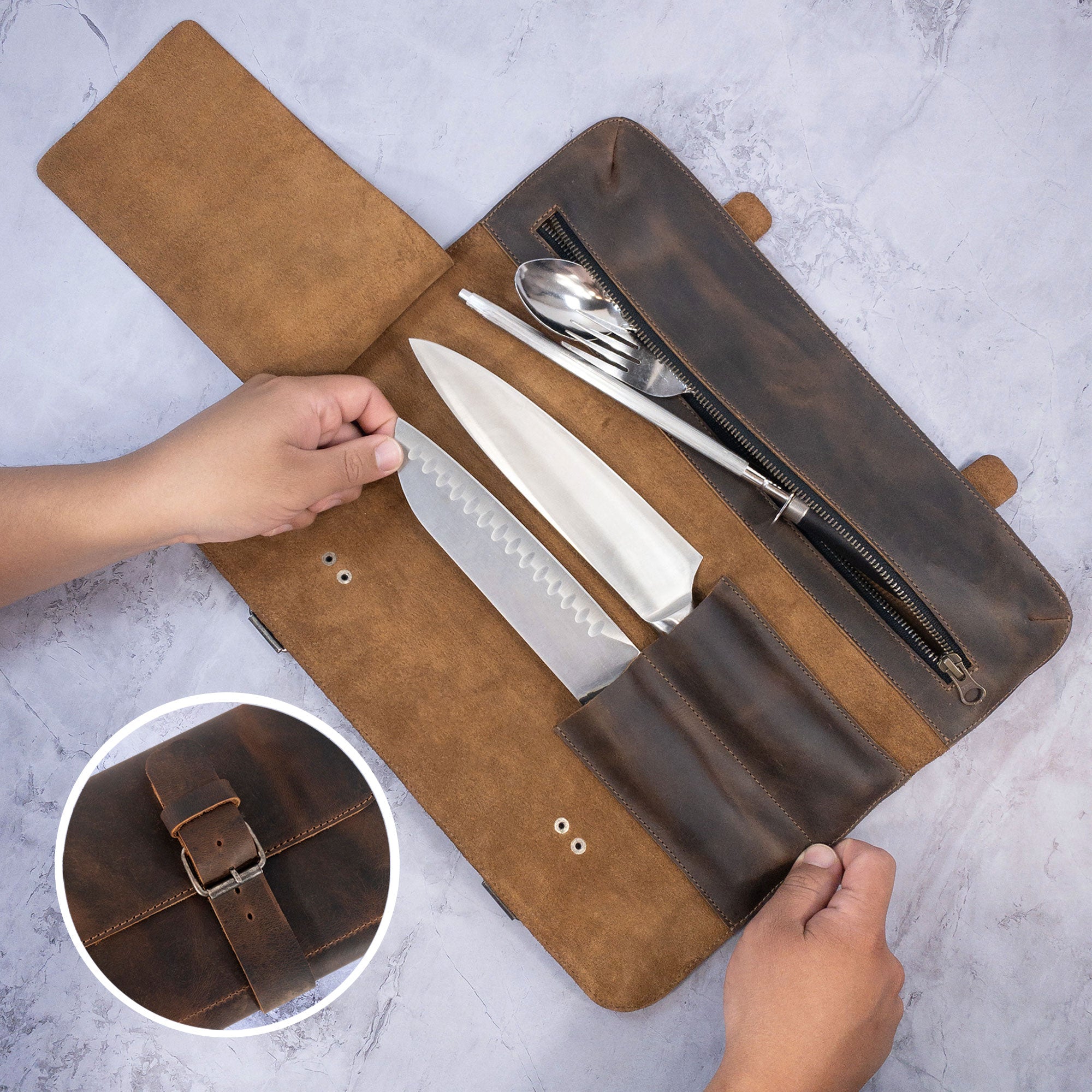 Showcasing the Utility Knife Roll from Cast Leather Co. with closed view featuring storage for knives and cooking accessories. This rectangular roll for cutting essentials is made of full grain leather, reflecting the hand cut and hand sewn quality that embodies the artisan nature of products handmade in La Antigua Guatemala.