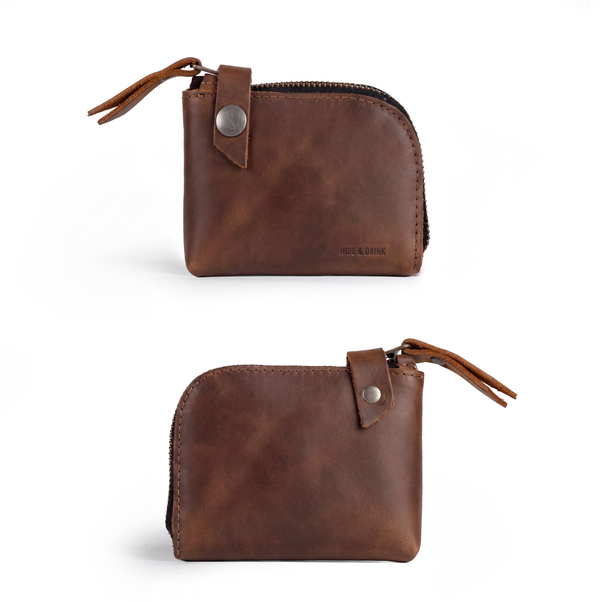 Lion's Mane Zippered Wallet by Hide & Drink, showcasing a compact design crafted from durable full grain leather. This pocket-size wallet is perfect for storing cards, folded bills, and change, making it the ultimate cash holder for everyday use.