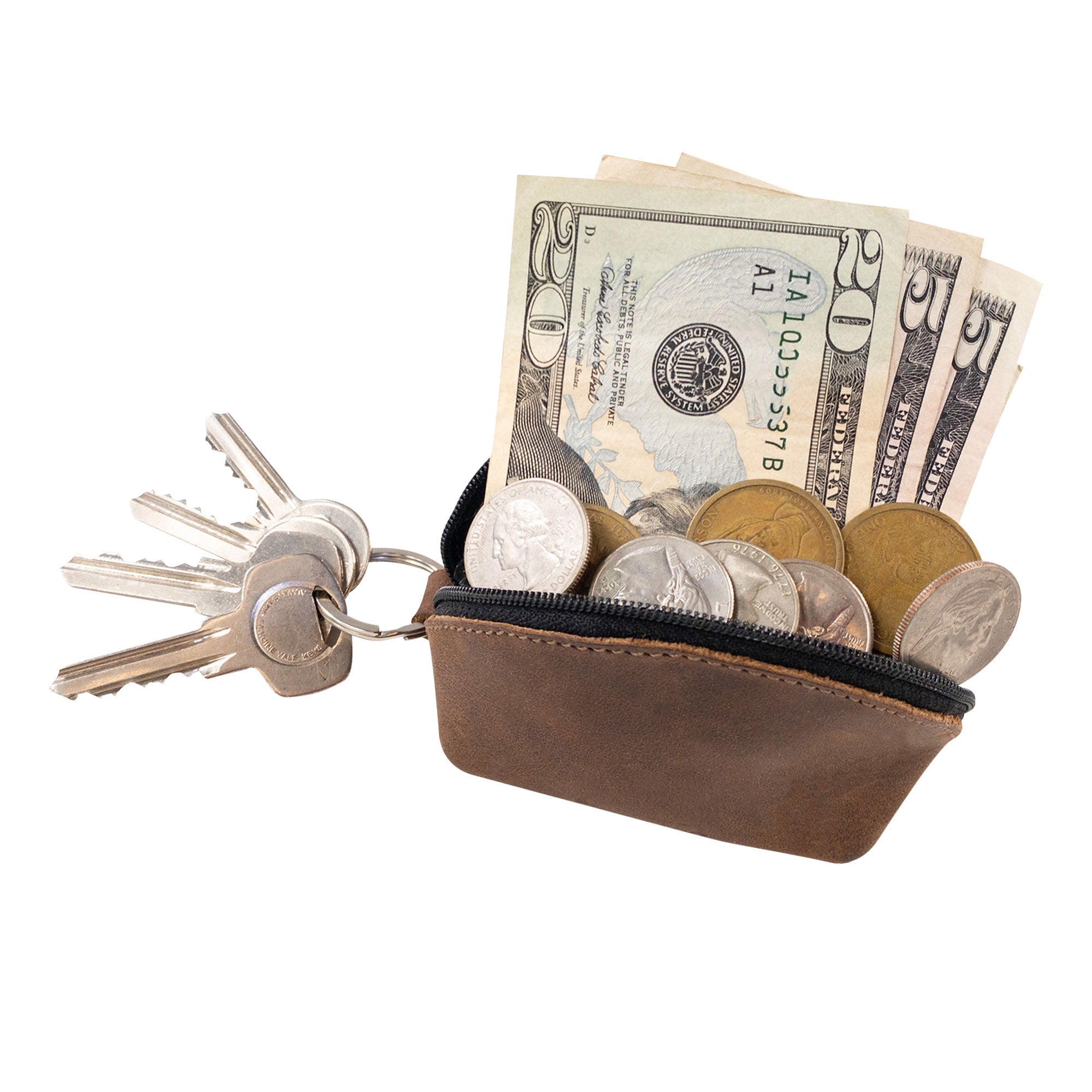 Hide & Drink’s Keychain Coin Pouch filled with coins and folded cash, ideal for carrying valuables. Coin Pouch, Keychain, Wallet, Purse, Holder, SD Card, USB, Cash, Case, crafted from Full Grain Leather, handmade by artisans in La Antigua Guatemala & Oaxaca Mexico.
