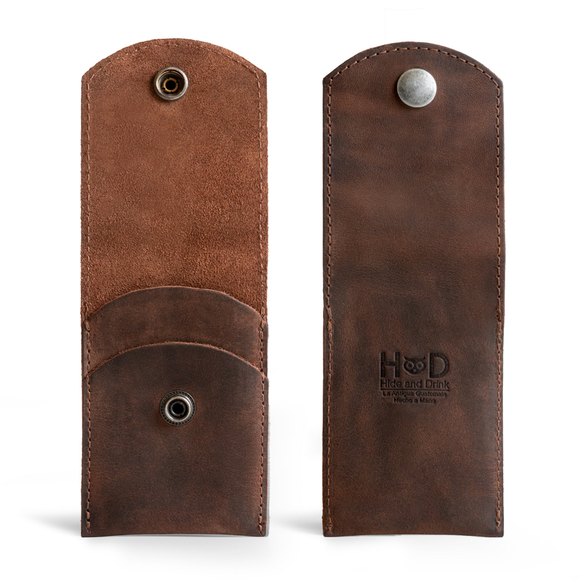Hide & Drink Nail Clipper Case shown from the back and front, crafted from premium full grain leather. This durable and stylish travel accessory is perfect for organizing personal care tools. Experience artisan quality with this hand cut and hand sewn piece, fire branded and made in La Antigua Guatemala & Oaxaca Mexico.
