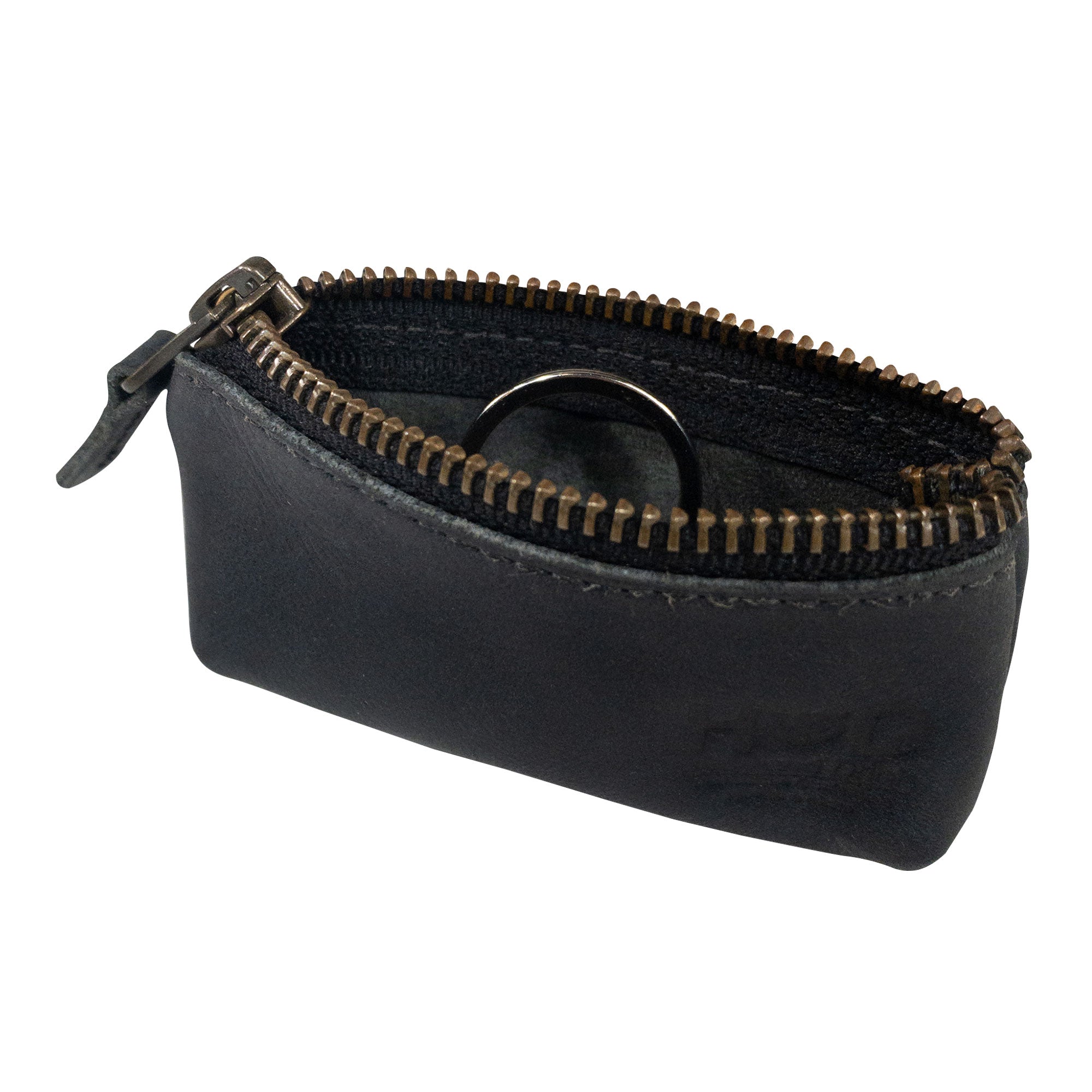 Hide & Drink Key Holder Zippered Pouch showcasing its interior structure for easy access. Ideal for organizing keys or as a zippered coin bag, handcrafted in vintage style leather.