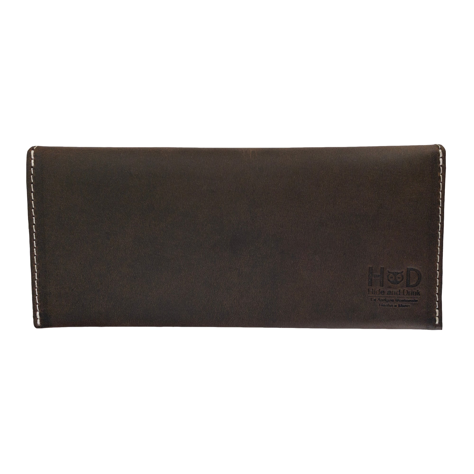Back view of the brown Long Utility Pouch by Hide & Drink, showcasing its fine craftsmanship and durable leather material. An essential wallet for everyday organization.