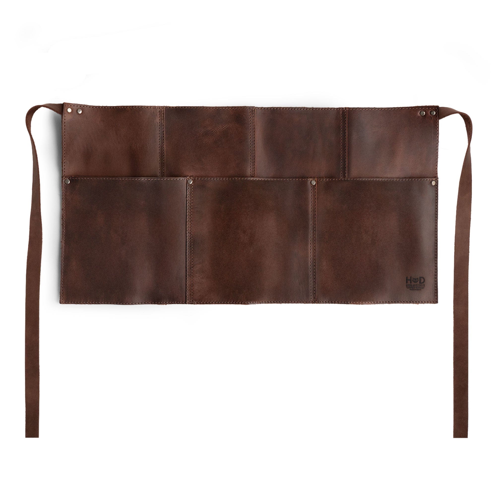 Hide & Drink Barista Leather Waist Apron showcasing its classic design with riveted pockets, perfect as waitress and waiter accessories, made from quality full grain leather in small batch production, crafted with care in La Antigua Guatemala & Oaxaca Mexico.