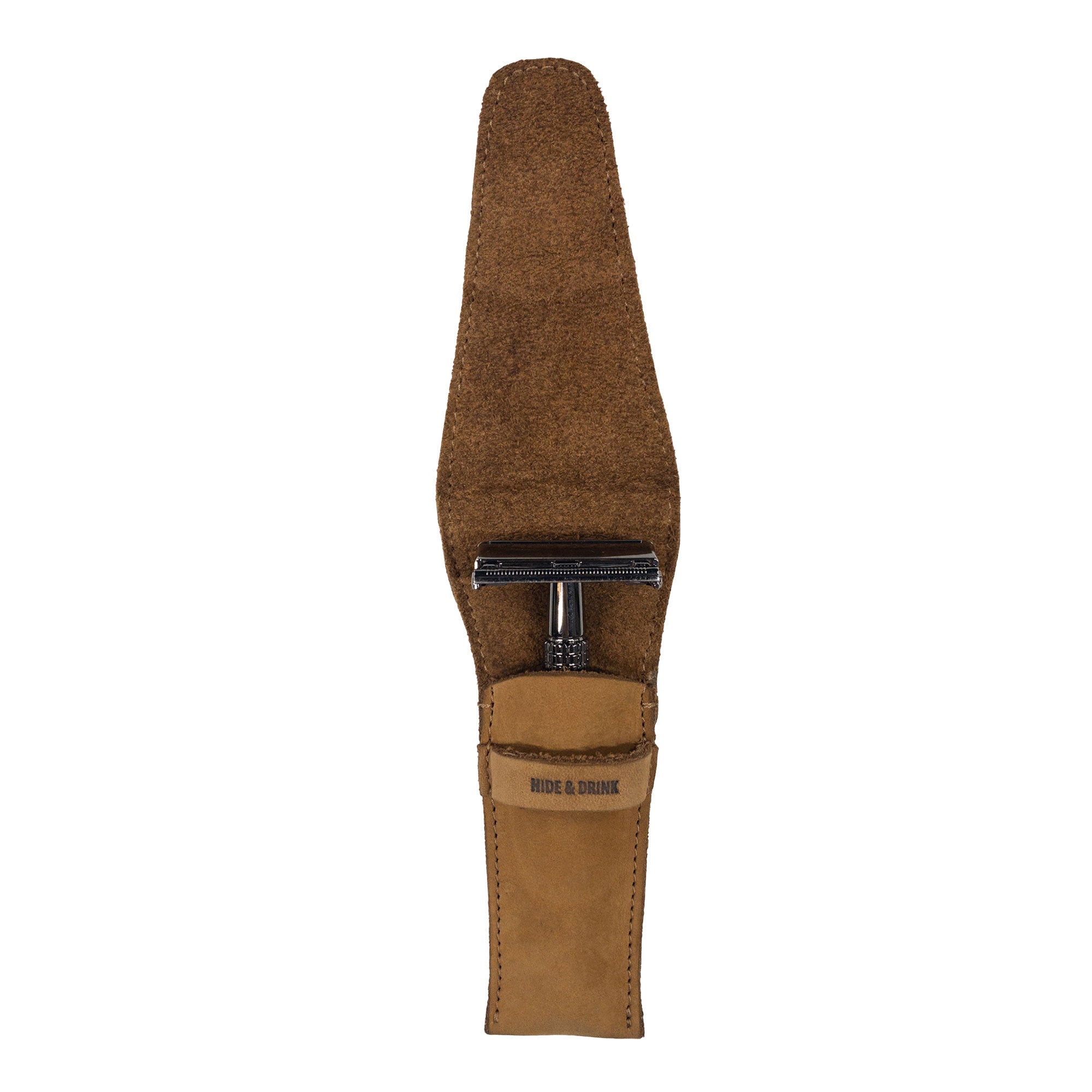 Safety Razor Case by Hide & Drink, emphasizing its elegant design and Full Grain Leather craftsmanship. This case is a staple for personal care and shows off the artisan commitment to small batch production.