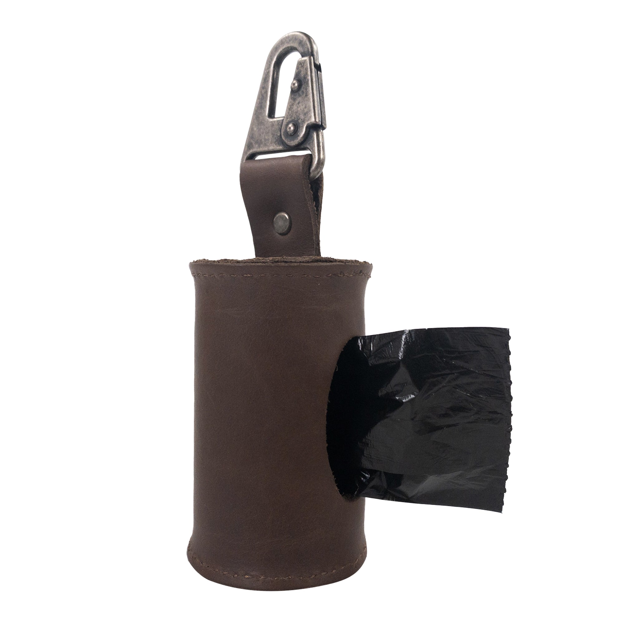Doggie Bag Dispenser from Hide & Drink showcasing a durable full grain leather design with a convenient belt attachment. Ideal for dog walkers, this stylish waste bag holder includes a sturdy brass metal clip and is handmade in La Antigua Guatemala using artisanal techniques.
