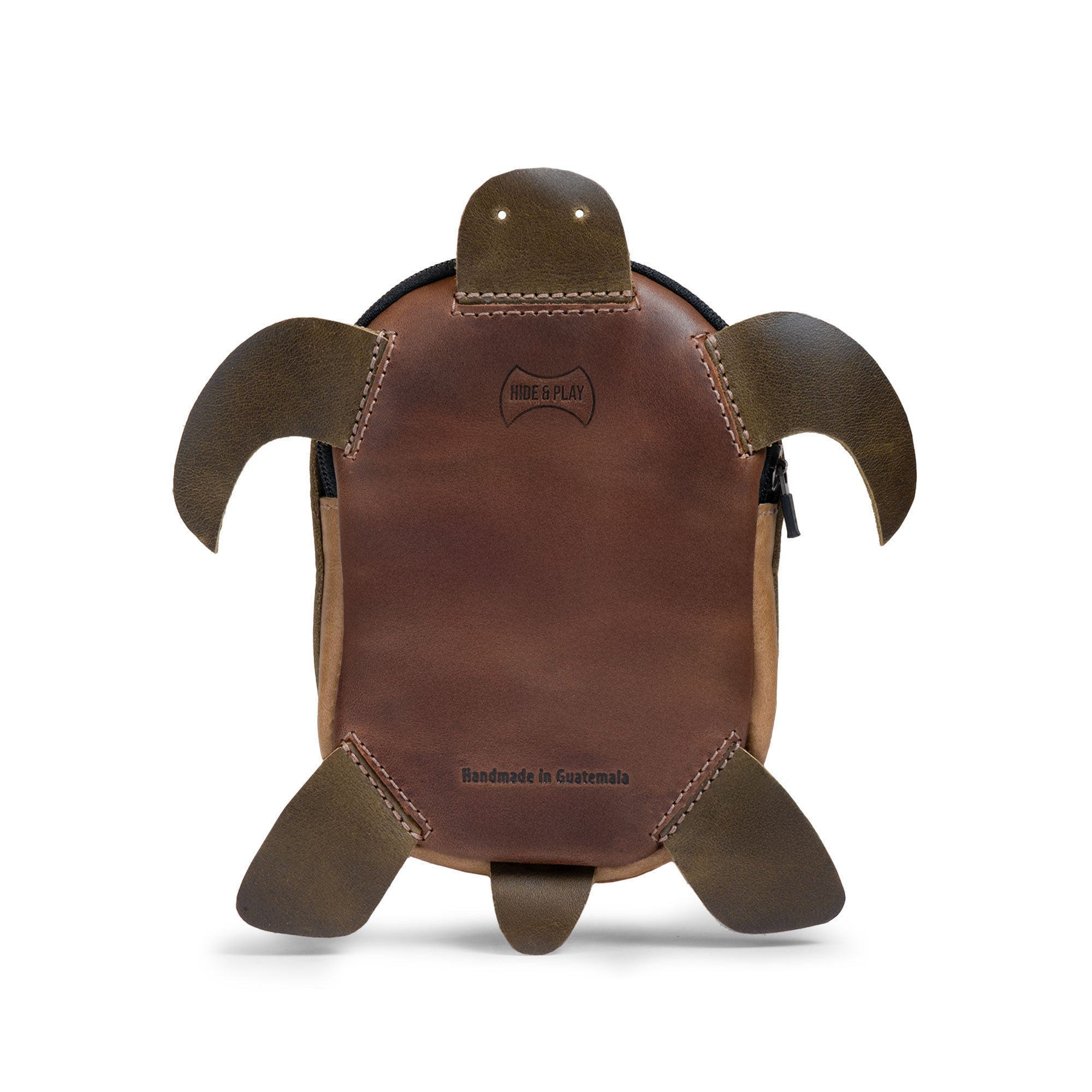 Hide & Play Leather Turtle Pouch back view showing the artisan handmade in La Antigua Guatemala & Oaxaca Mexico hand cut and hand sewn full grain leather turtle-shaped coin pouch—tortoise-shaped leather coin purse change bag and purses & pouches for cash with a zipper for a tiny travel carrier; small batch production, fire branded, handmade details (StockyardX) and works as a small charger cable holder / zippered cable case.