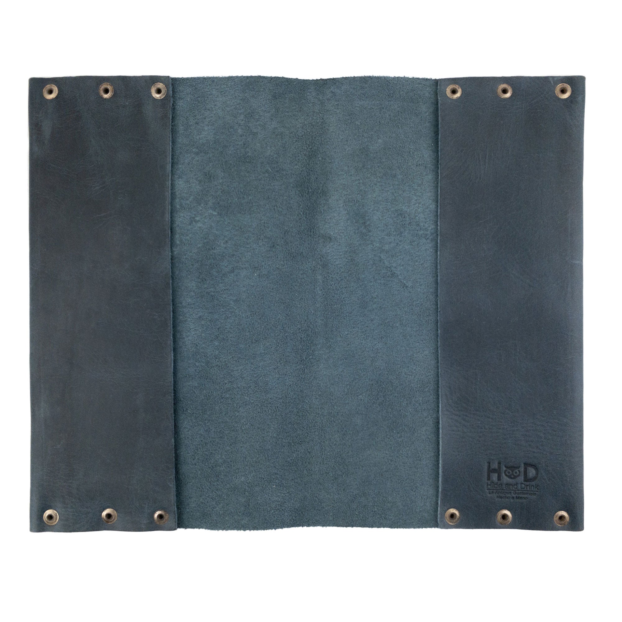 Interior side of the Riveted Journal Cover (5 x 8.50 in.) by Hide & Drink, revealing the fine hand cut leather finish and the unique artisan details. The vintage style of this full grain leather journal cover complements notebooks not included and is handcrafted in La Antigua Guatemala & Oaxaca Mexico.