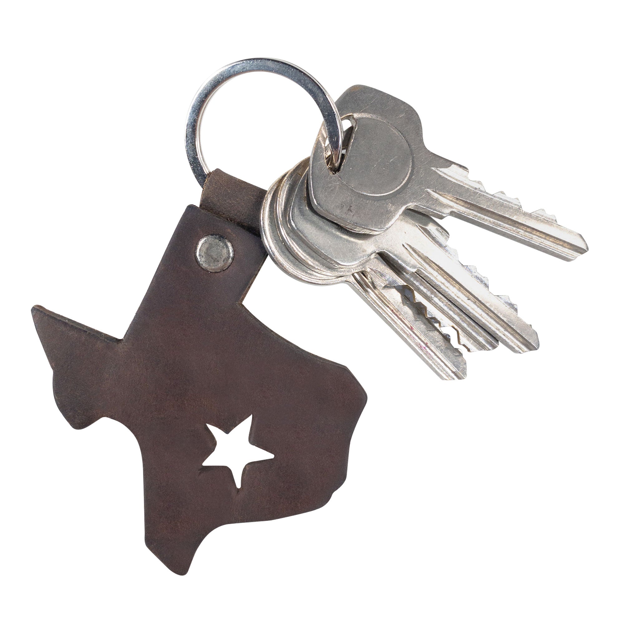 Close-up view of a Texas State Keychain crafted from thick full grain leather, highlighting the unique Texas design with a star cutout. Created by Hide & Drink, this handmade keychain is a great Texas souvenir and a piece of artisanal craftsmanship from Guatemala & Mexico.