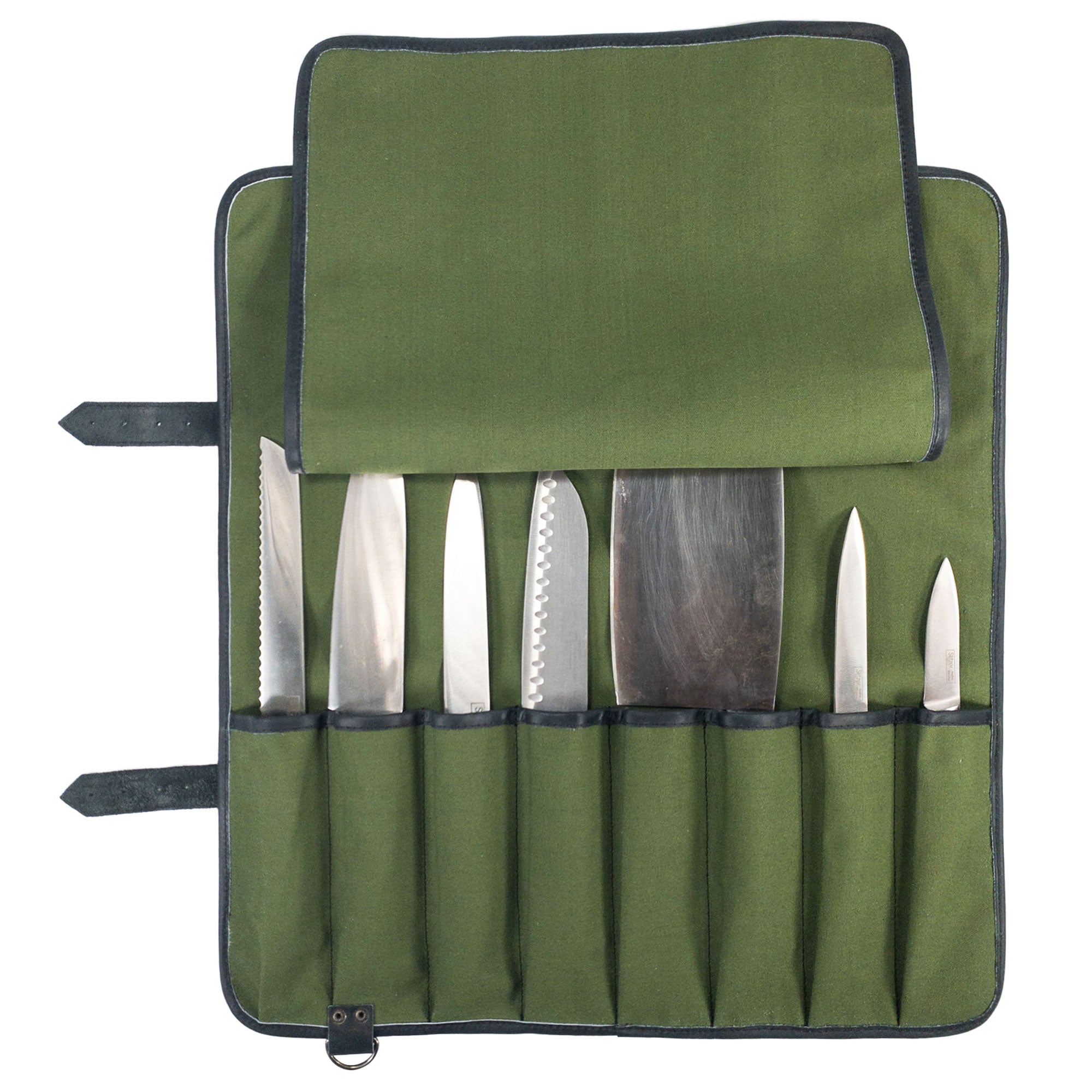 Hide & Drink Knife Roll With Water Resistant Lining (8 Pockets) with a rustic appearance. This Chef's Knife Roll Bag (8 Pockets) is an excellent choice as a portable knife organizer for cooking accessories.