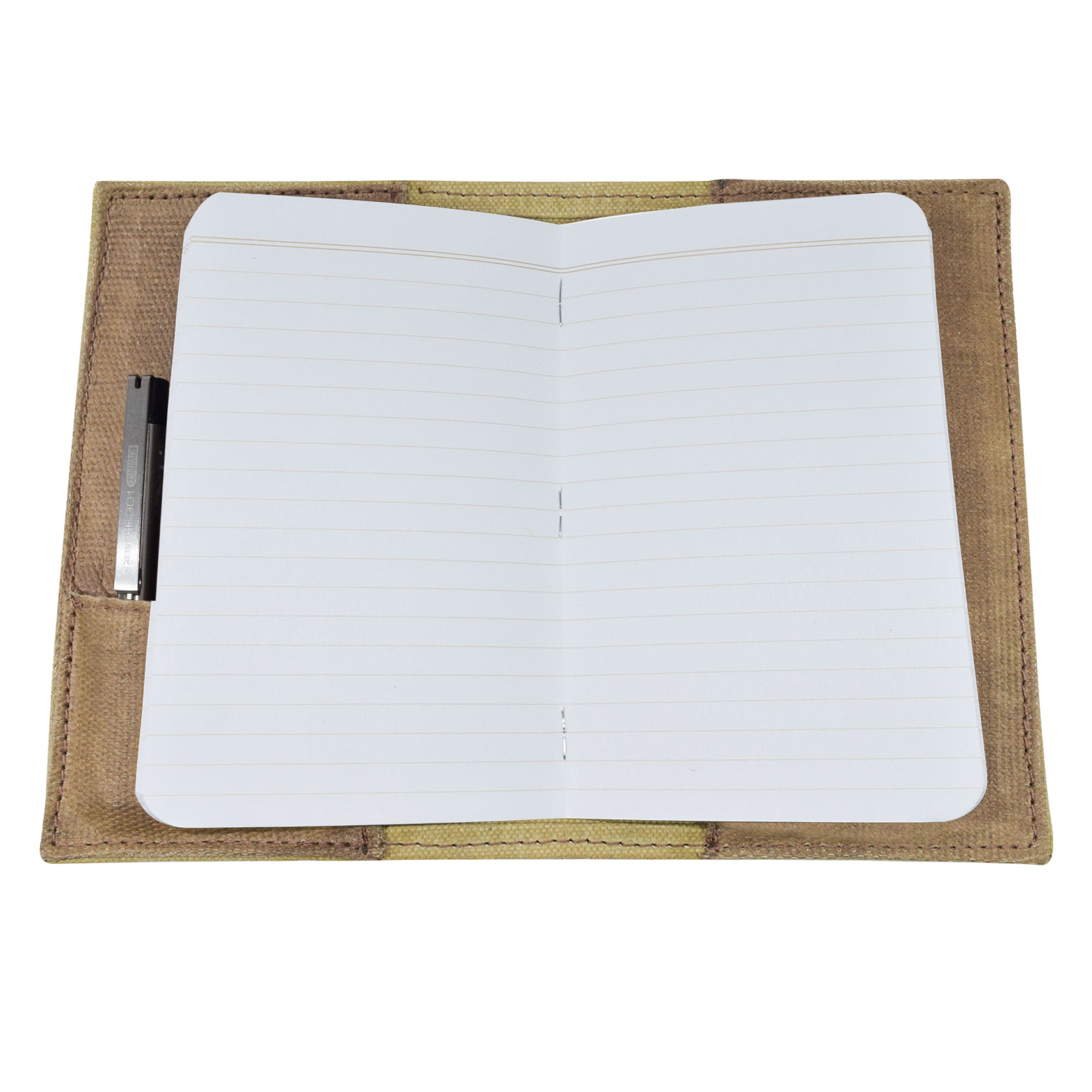 Inside view of the Hide & Drink Waxed Canvas Field Notes Cover, highlighting its journal cover functionality with space for pencil paper and cards. This Waxed Canvas Field Notes Cover is ideal for anyone on the go, featuring Full Grain Leather and offering an artisan touch through small batch production.