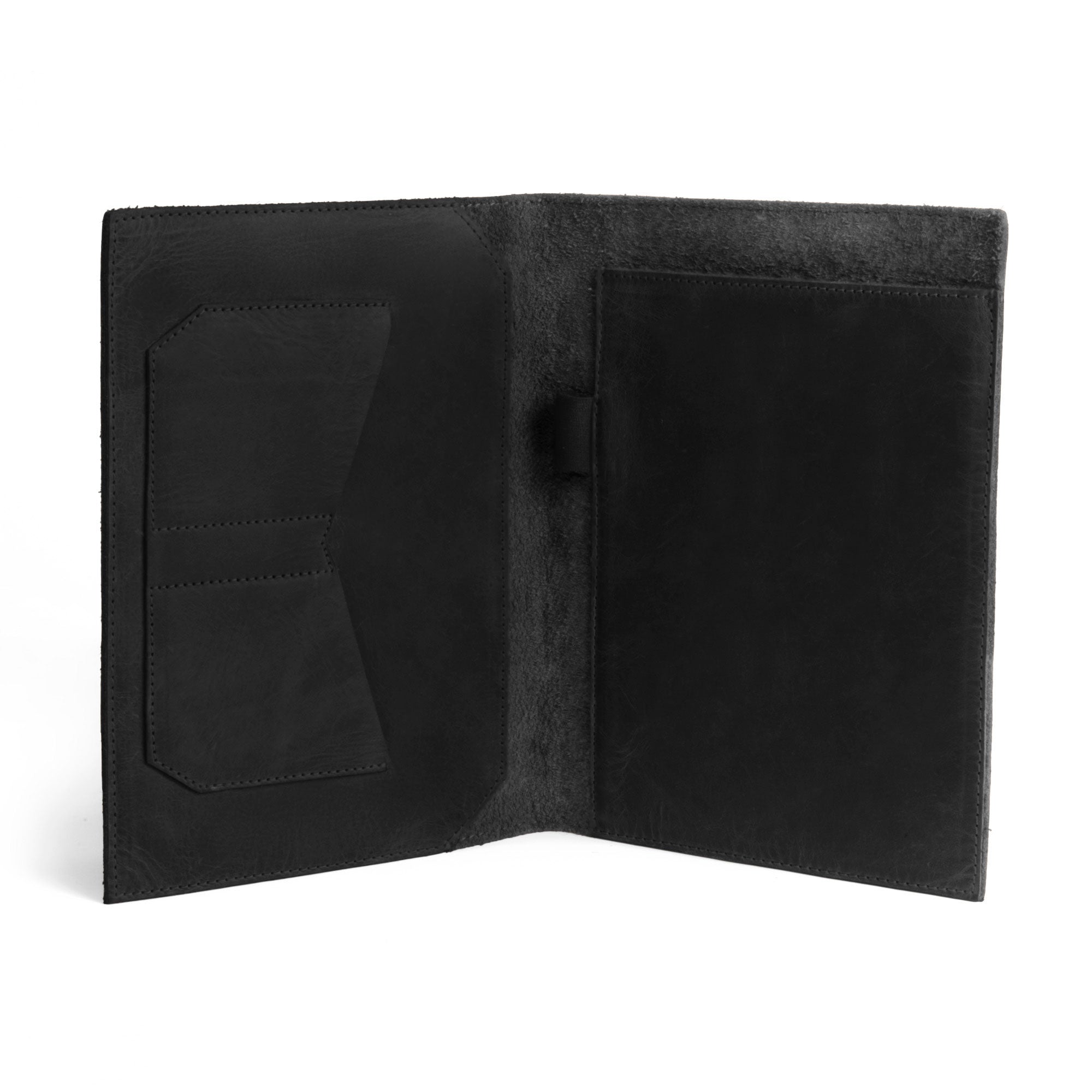 Interior layout of the black Leather Worx Notepad Case 5 x 8 In. showing cardholder pockets and a notepad section, emphasizing craftsmanship. Notepad Cover (5 x 8 In. Notepad Not Included) Sturdy, Durable Material Perfect for Storing Journal, Full Grain Leather, StockyardX, Small Batch Production, Hand Cut, Hand Sewn, Fire Branded, Artisan, Handmade in La Antigua Guatemala & Oaxaca Mexico.
