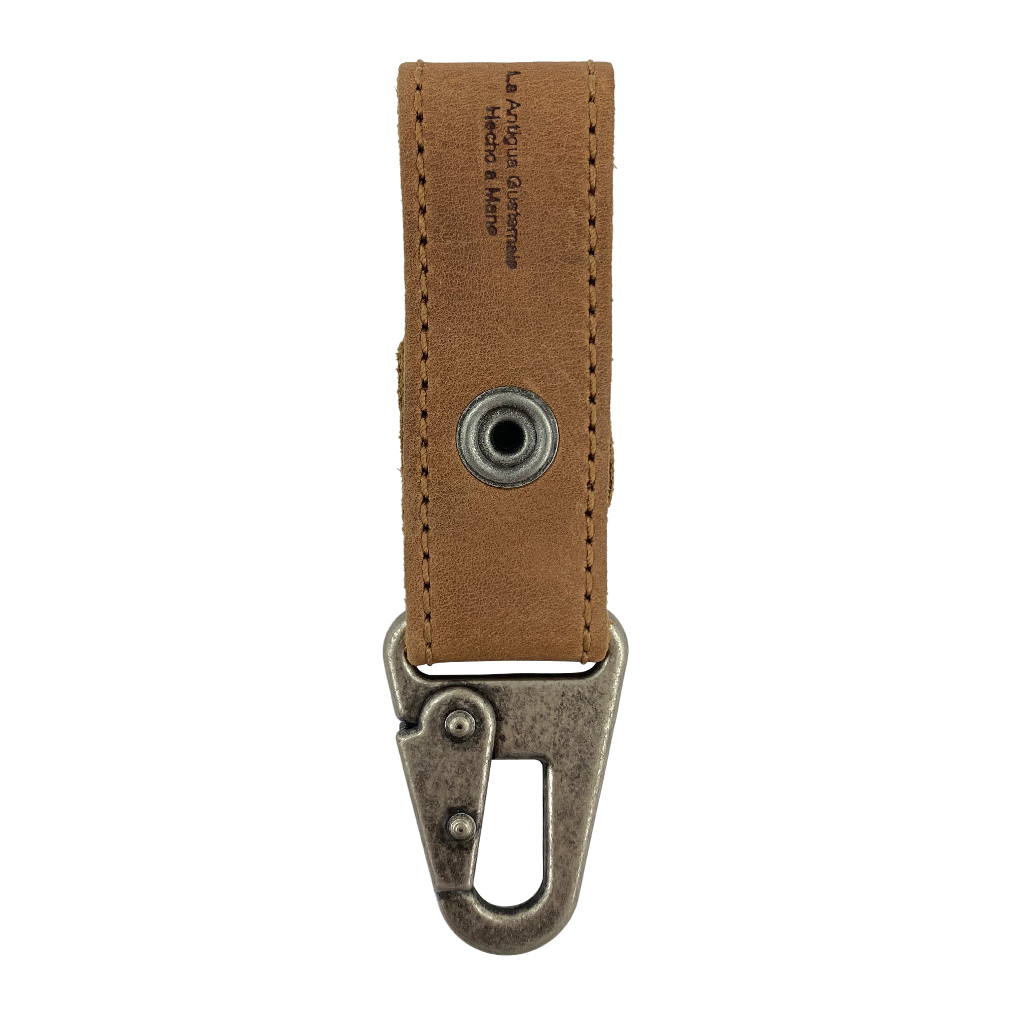 Back view of the stylish Key Ring Holder by Hide & Drink, made from Full Grain Leather. It signifies Small Batch Production and features artisan craftsmanship, handmade in La Antigua Guatemala & Oaxaca Mexico.