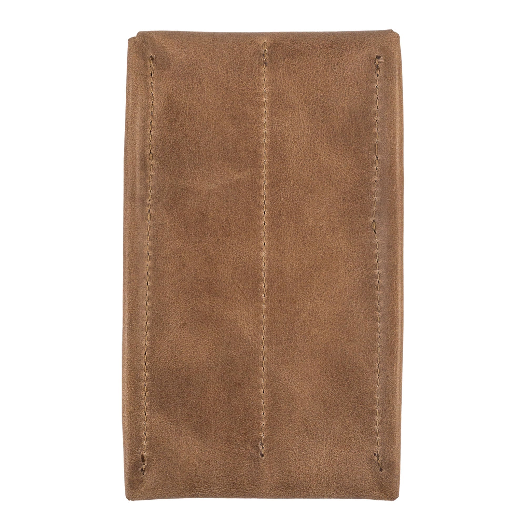Front view of the Double Pen Case made by Leather Worx, showcasing its Full Grain Leather texture. This artisan-crafted accessory is perfect for storing pens and reflects the commitment to small batch production with hand cut and hand sewn details, all handmade in La Antigua Guatemala & Oaxaca Mexico.
