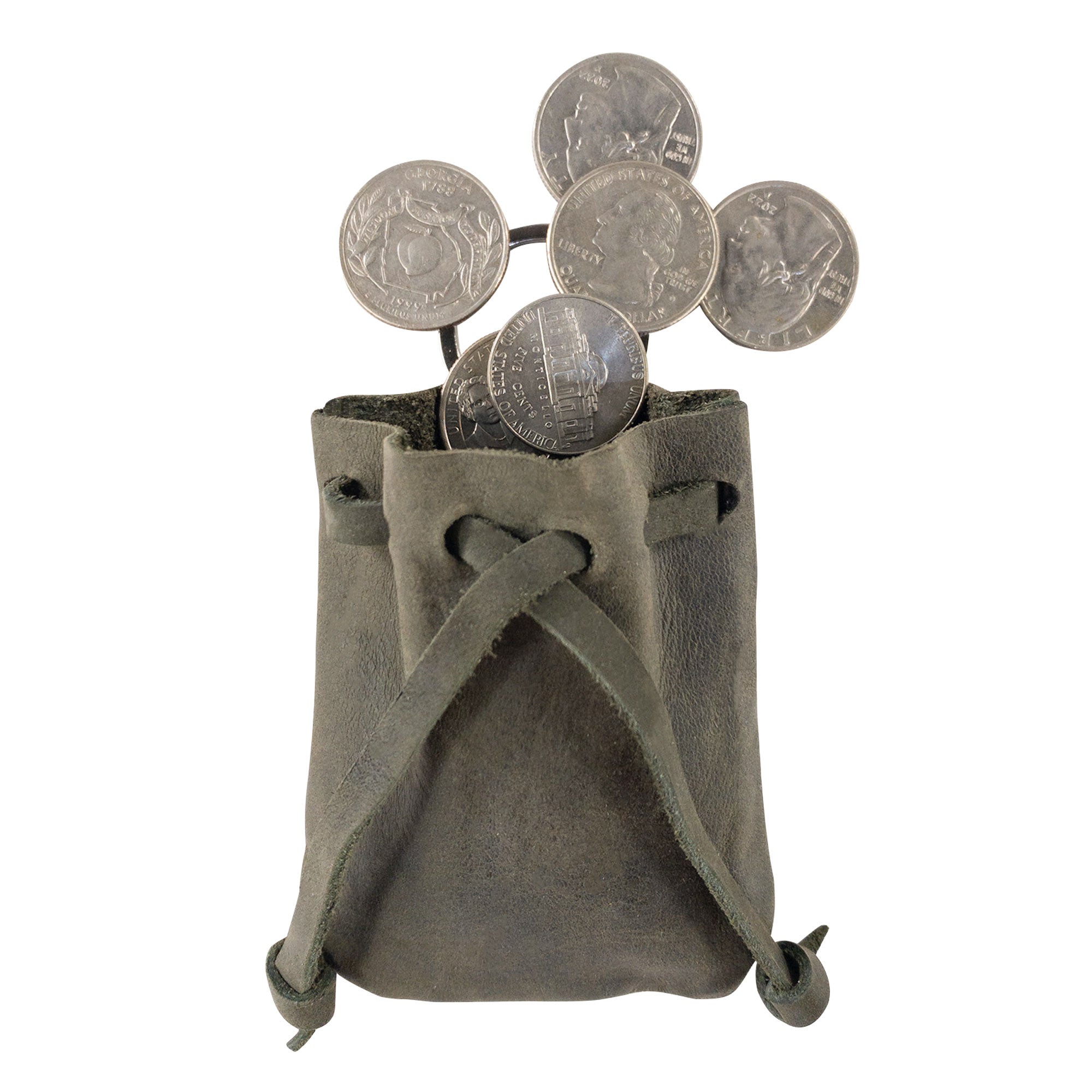 The Mini Medieval Pouch Keychain from Hide & Drink, displayed showcasing coins, emphasizes its functionality. This tiny bag with keyring, made from full grain leather, is ideal as a coin organizer and represents artisan craftsmanship from La Antigua Guatemala.