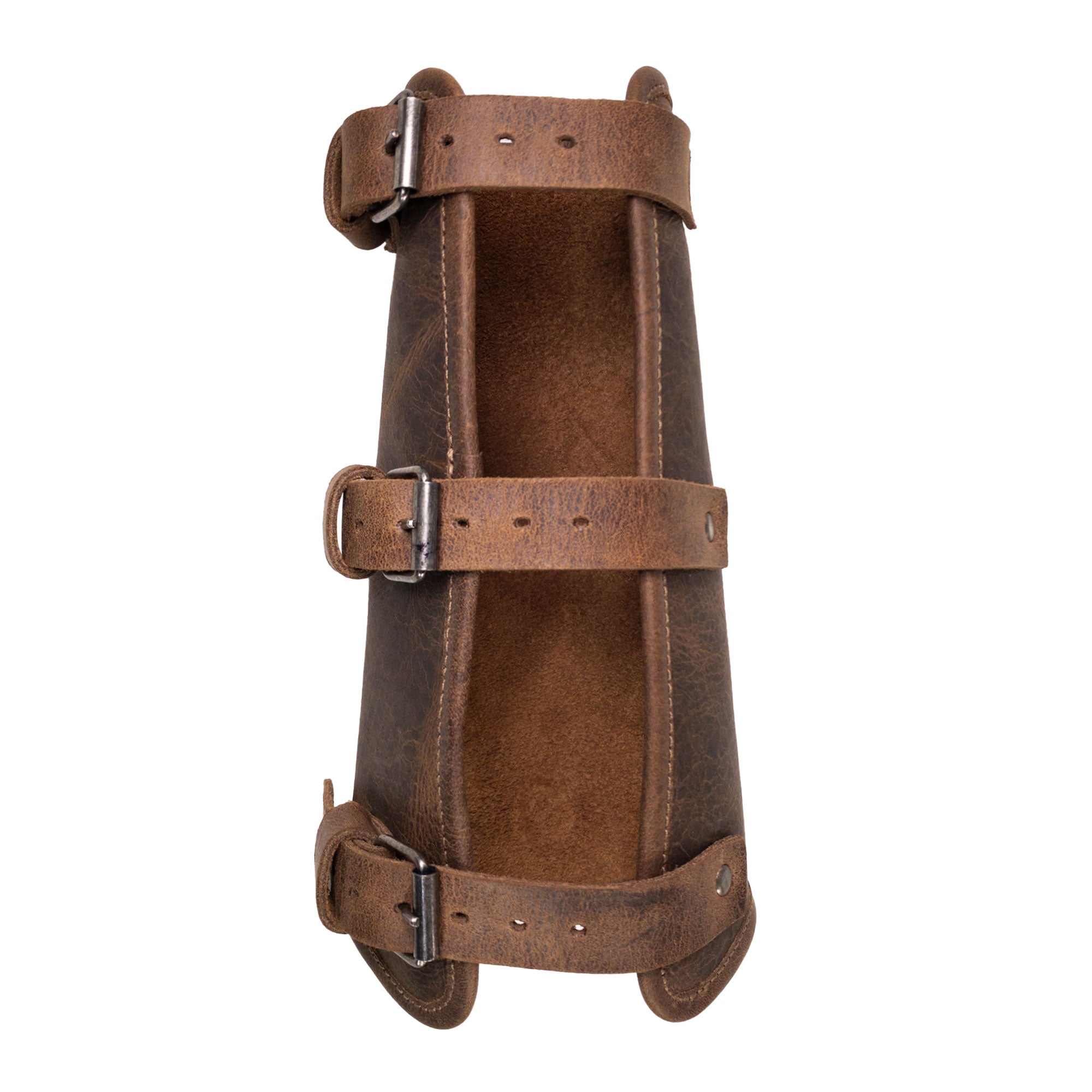 Top view of the Rustic Archery Bracer from Valhalla Gear, designed as an adjustable wrist guard for knights. Crafted from full grain leather, this artisan piece is perfect for cosplay. It showcases small batch production with hand-cut and hand-sewn details made in La Antigua Guatemala & Oaxaca Mexico.