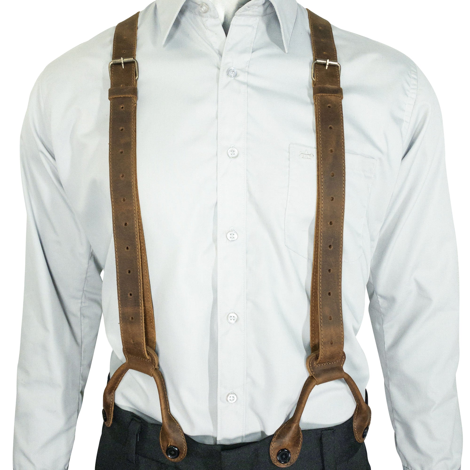 Stylish Y Back Button End Suspenders by Hide & Groom worn by a model. Perfect for bachelors, these suspenders add sophistication to any outfit for weddings or dinner parties. Crafted from durable full grain leather, they are handmade with attention to detail, showcasing the commitment to artisan quality from Guatemala.