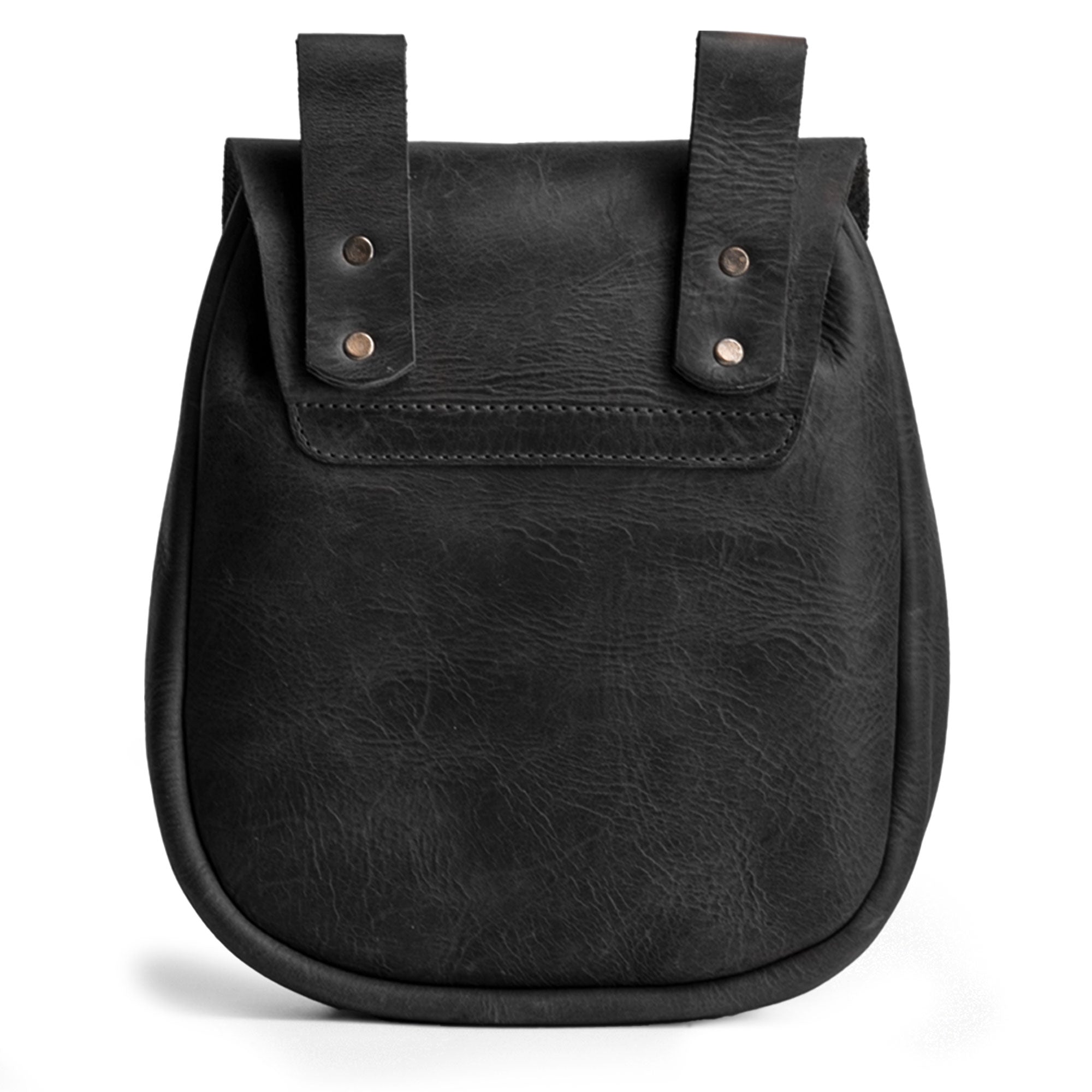 Back view of the black Valhalla Gear Bushcraft Bag, highlighting its secure design and durable full grain leather. This handmade pouch is perfect for keeping your valuables safe on the go.
