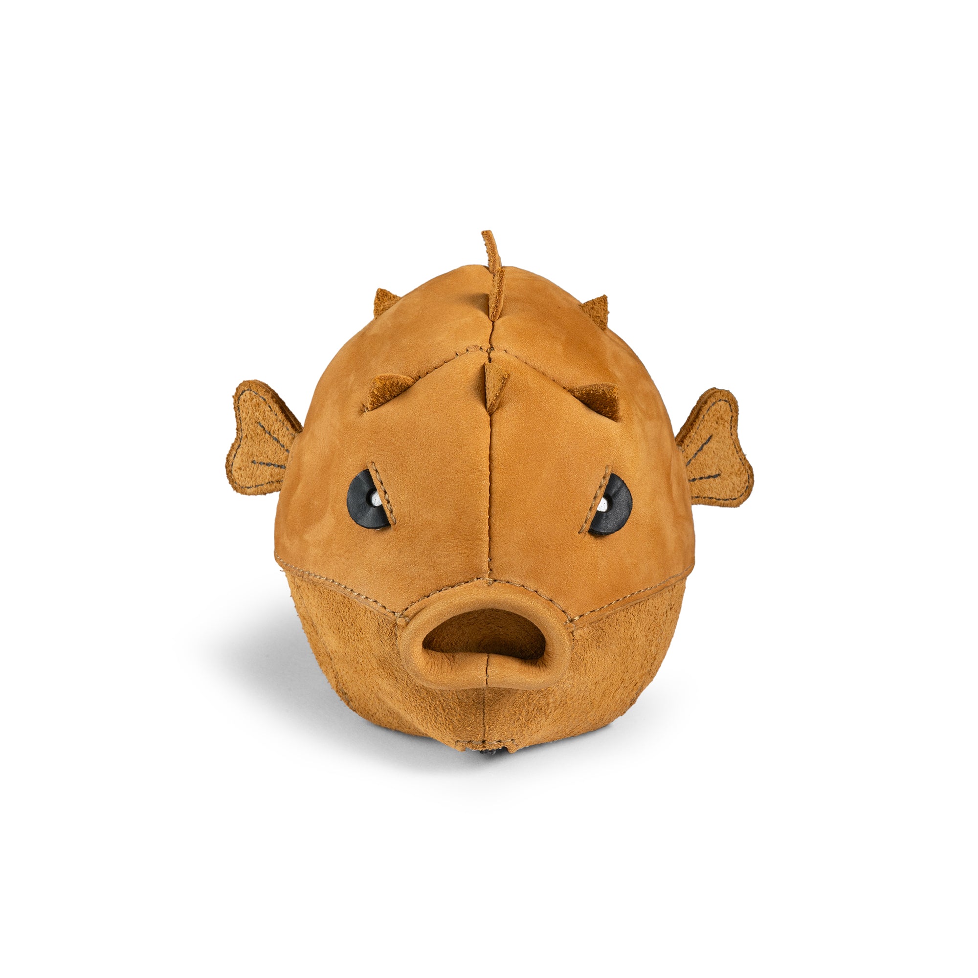 Front view of the Leather Pufferfish Pouch by Tudi Frudi, featuring a charming fish design perfect for a change purse. This pouch serves well as a cable organizer or a small accessory case, crafted from fire branded, full grain leather in a handmade process.