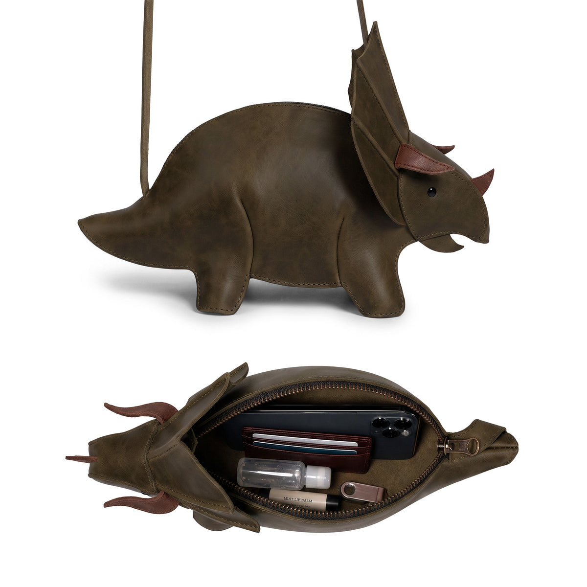 Leather Dinosaur Triceratops Shoulder Bag