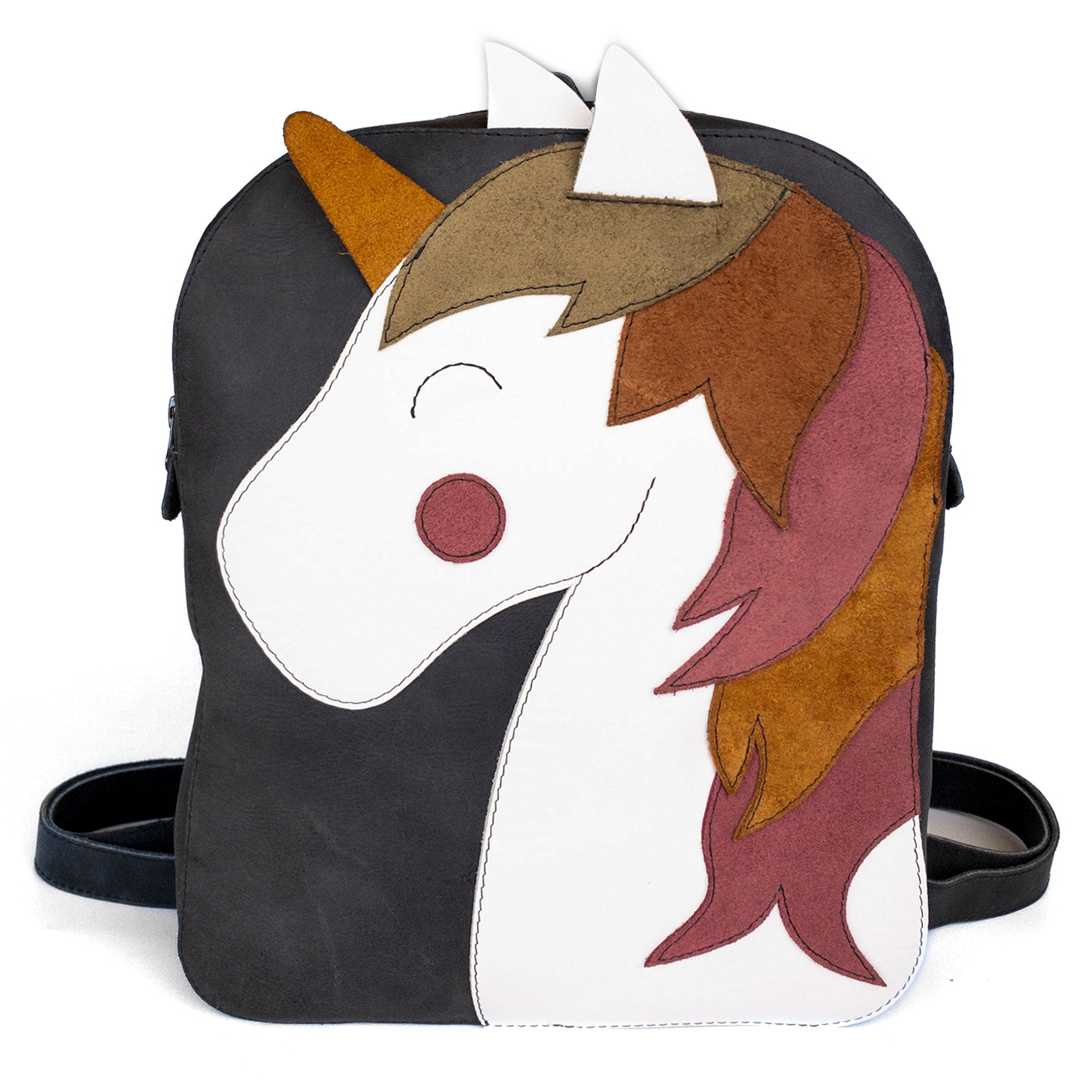 Hide & Play Daily Backpack with Unicorn Design showcasing a charming unicorn face on a sleek full grain leather background. This versatile casual bag serves as a messenger bag and travel bag suitable for both men and women. Artisan-made in La Antigua Guatemala, each backpack is handcrafted through small batch production, embodying the essence of handmade quality.