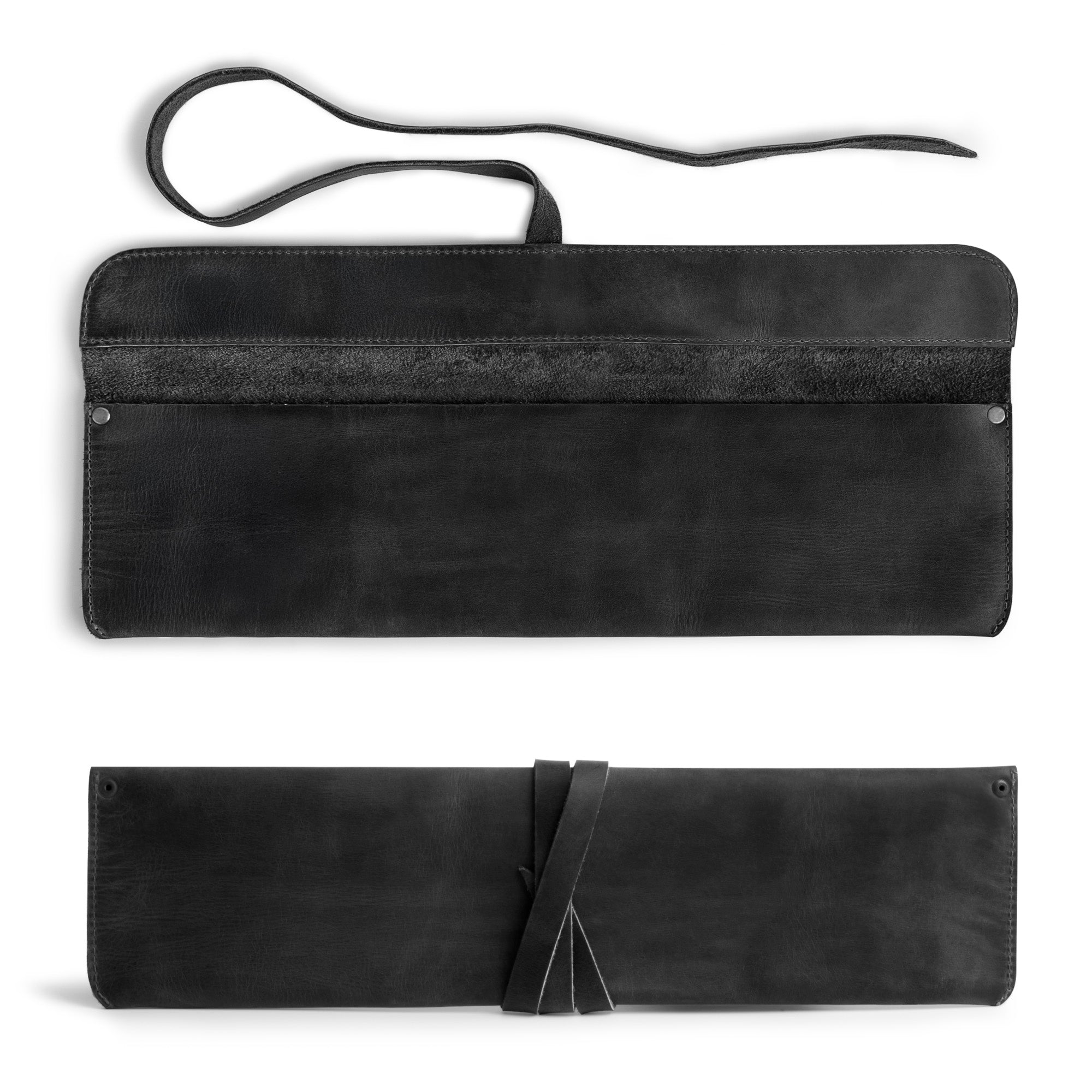 Back view of the Cast Leather Co. Single Leather Knife Case in black, emphasizing its minimalist design and quality craftsmanship. This single case for chef's knives exemplifies practicality with its durable full grain leather, perfect for kitchen storage and travel. Handmade with care in La Antigua Guatemala.