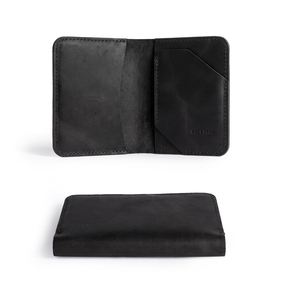 Empty black Bi-Fold Card Wallet Diagonal by Hide & Drink, highlighting clean lines and full grain leather finish, reflecting the artisanal quality and small batch production behind this stylish cash organizer.