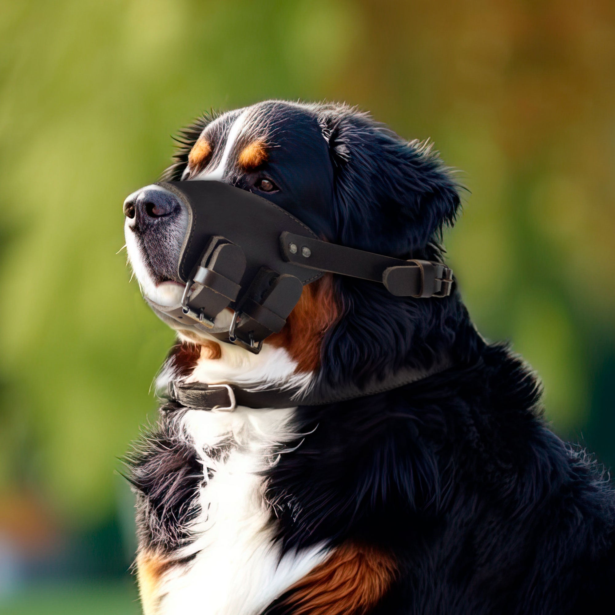 The Adjustable Dog Muzzle by Taco Dog displayed from the side, illustrating its secure and adjustable strap for a perfect fit. This handmade muzzle provides safety and comfort for dogs, crafted from full grain leather in La Antigua Guatemala.
