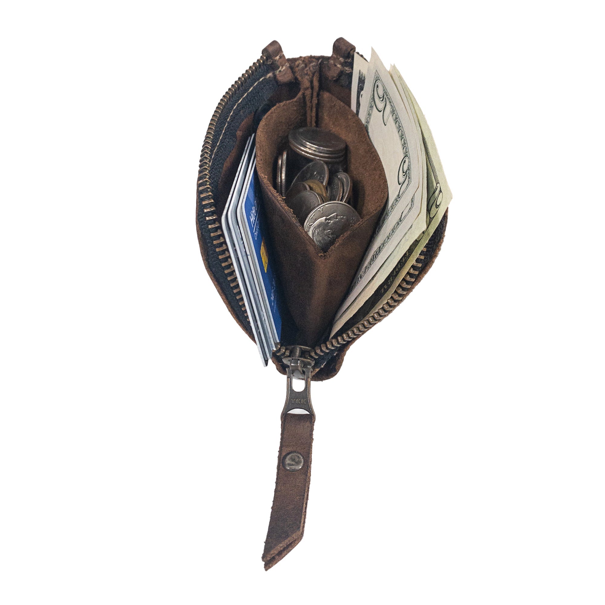 Interior view of the Lion's Mane Zippered Wallet by Hide & Drink. Features compartments ideal for organizing cards and cash, making it a perfect mini pouch for everyday use.