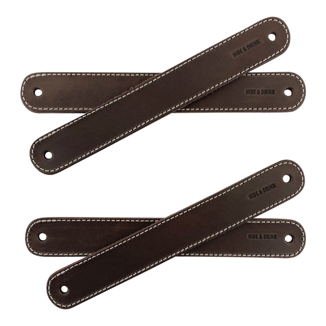 Hide & Drink Drawer Handles (4pk) showing a pair of leather handles stacked together, showcasing their premium quality. Durable, easy to install with pre-made holes, perfect for any DIY project.