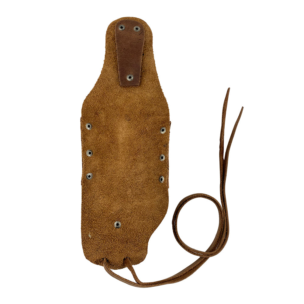 Back view of Beer Holster Stitched Designs by Hide & Drink, showcasing the soft suede interior and crafted leather tie, designed for ease of use. This Beer Holster for Cowboy functions as a handsfree beverage holder suitable for both men and women, made from Full Grain Leather through small batch production methods, highlighting hand cut and hand sewn techniques. Artisan crafted in La Antigua Guatemala & Oaxaca Mexico.