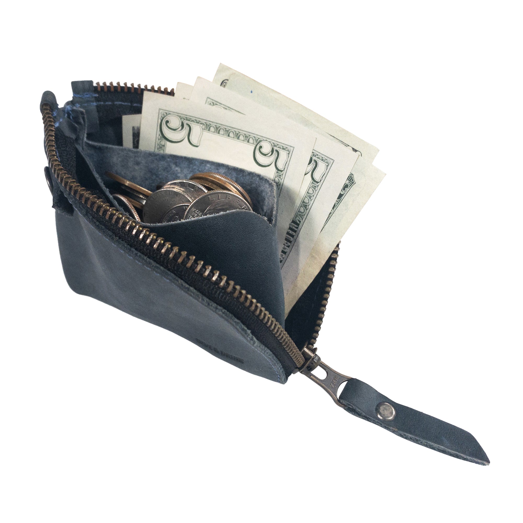 Lion's Mane Zippered Wallet by Hide & Drink displaying cash and coins. Designed for everyday convenience, it's a practical cash holder made from quality full grain leather.