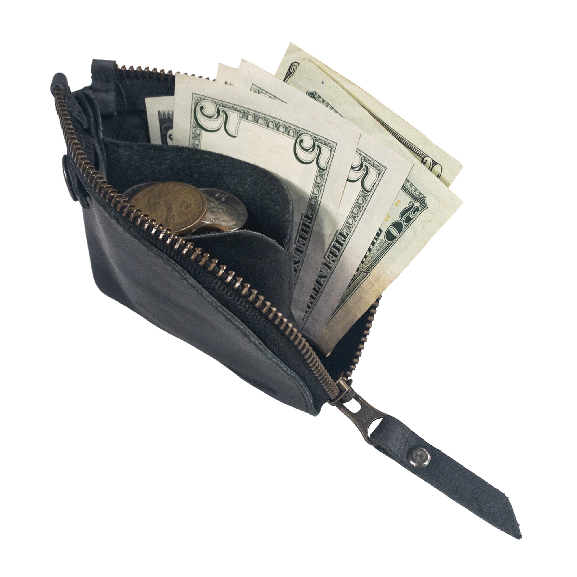 Interior view of the black Lion's Mane Zippered Wallet by Hide & Drink filled with coins and cards, illustrating its practical design as a pocket-size organizer.