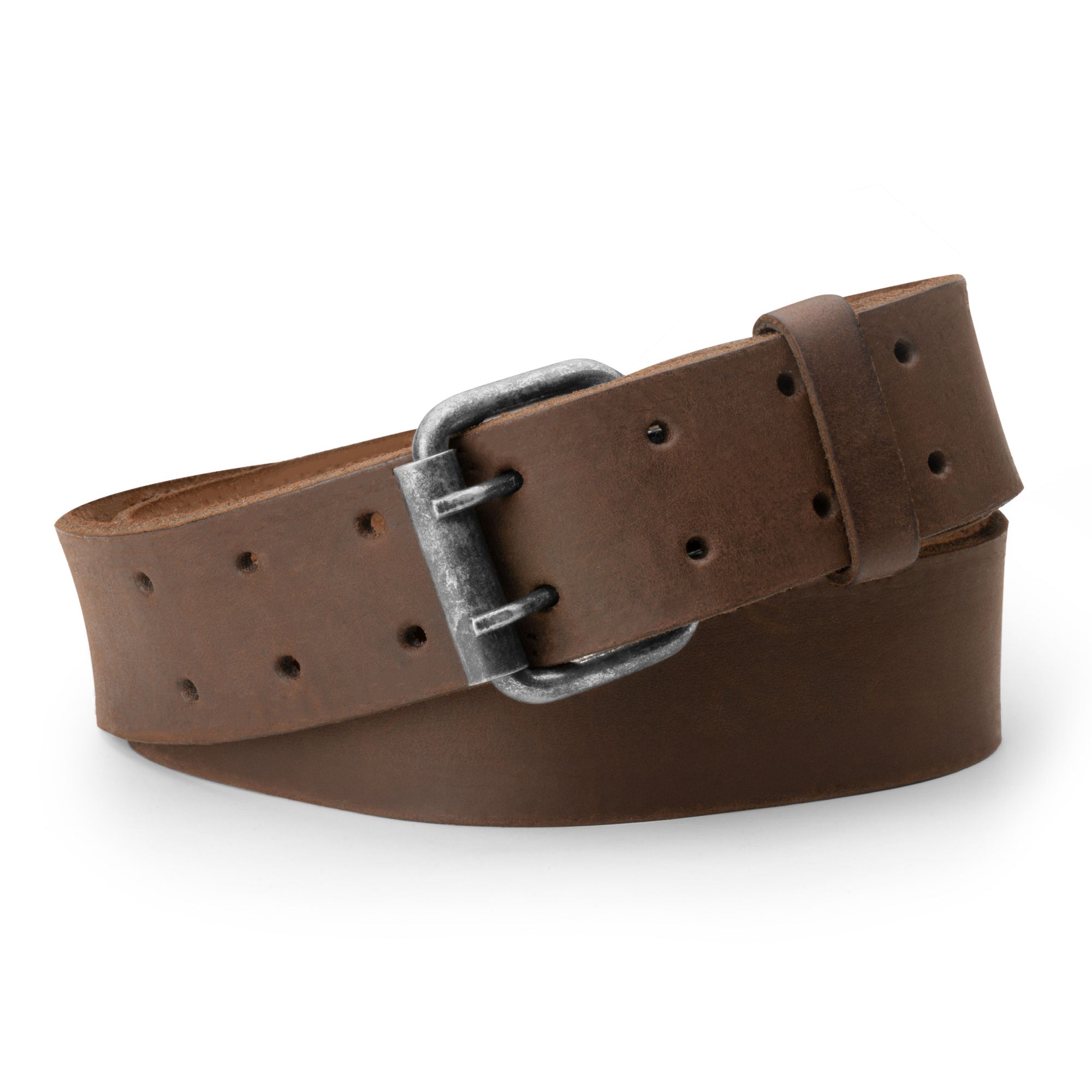 Detailed view of the Reinforced Double Prong Buckle Belt by Hide & Drink, highlighting its rustic double prong buckle and a 1.5 in. width. Made from full grain leather, this belt reflects stockyardX principles and small batch production, featuring hand cut, hand sewn, and fire branded elements, artisan-made in La Antigua Guatemala & Oaxaca Mexico.